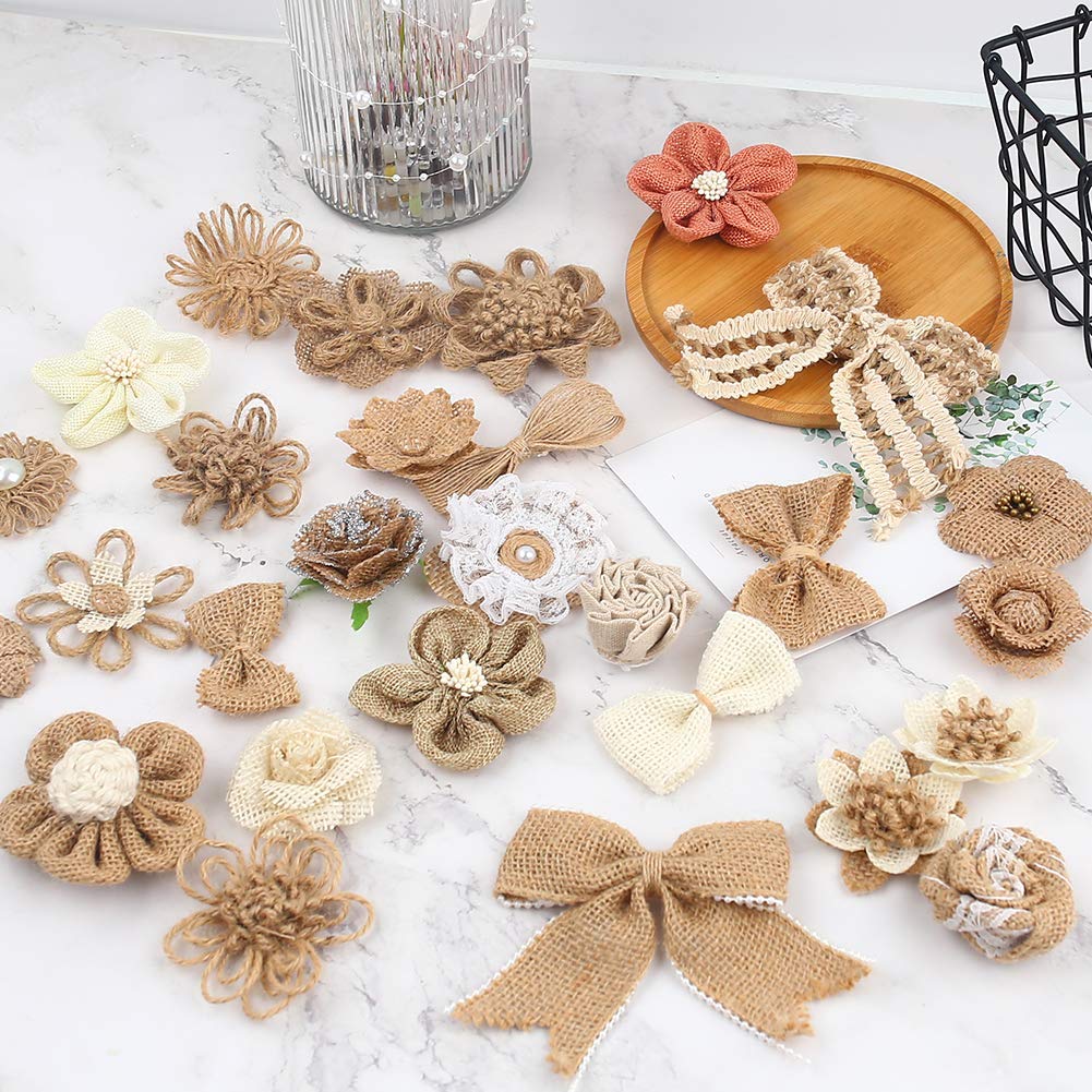 VGOODALL 32 PCS Natural Burlap Flowers Set, Burlap Bows and Scrapbook Embellishments for Wedding Party Decor Home, Embellishments for Crafts