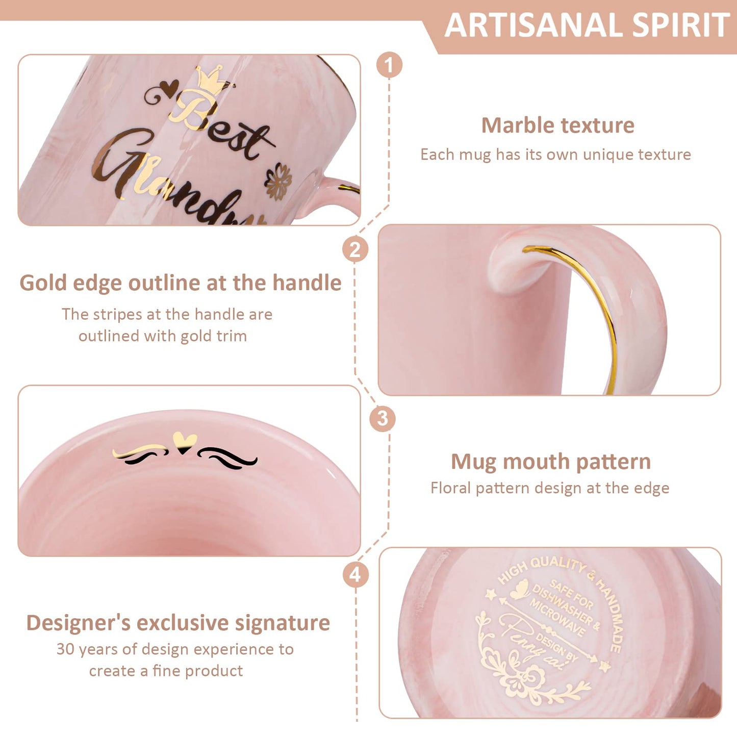 Doublewhale Grandma Gifts for Grandma, Mothers Day Birthday Gift for Grandmother from Granddaughter Grandson - 14Oz Pink Marble Ceramic Coffee Mugs Print with Real Gold - Lid Spoon Card, Box