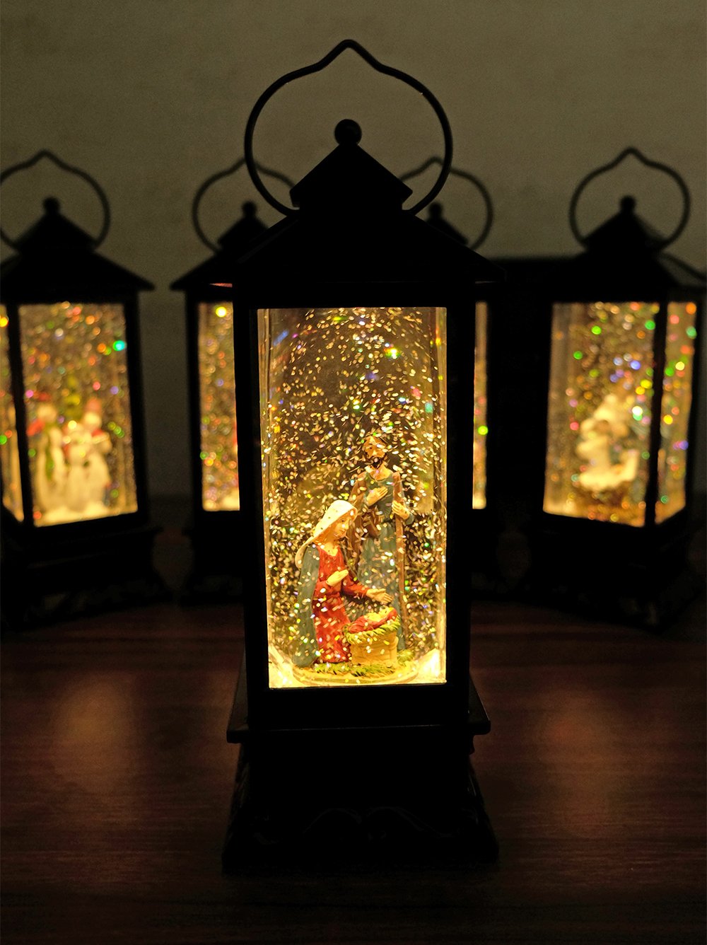 Nativity Music Snow Globe Lantern with Timer Battery Operated & USB Powered Lighted Singing Snow Globe Lamp Spinning Water Swirling Glitters Christmas Decor 4" x 4" x 12"