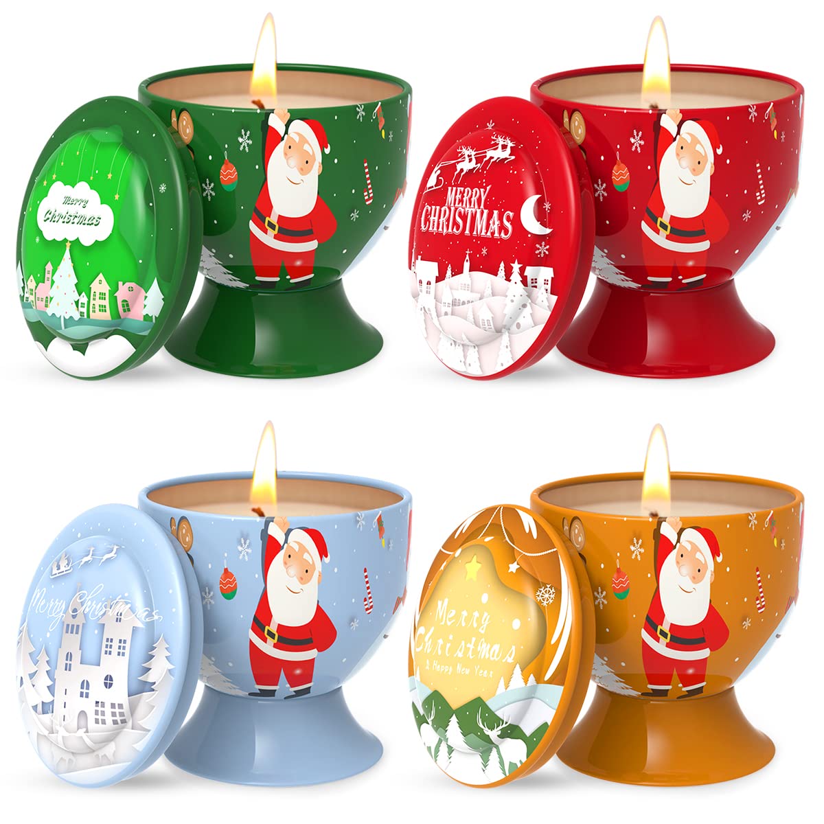 Set of 4 Christmas Santa Claus Snowman Scented Candles Gift Set for Women, Small Natural Soy Wax Decorative Aromatherapy Candles for Home Holiday - Cedar, Vanilla, Apple and Ocean Fragrances