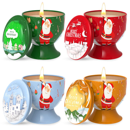 Set of 4 Christmas Santa Claus Snowman Scented Candles Gift Set for Women, Small Natural Soy Wax Decorative Aromatherapy Candles for Home Holiday - Cedar, Vanilla, Apple and Ocean Fragrances
