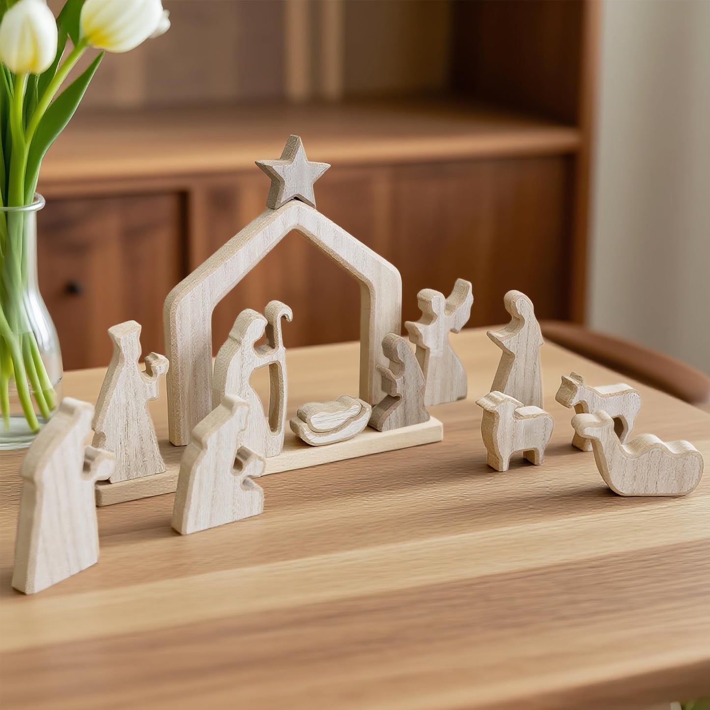 Nativity Scene Set, 13Pcs Wooden Christmas Nativity Scene Miniature Holy Family Figurines, Minimalism Boho Tabletop Christmas Manger Decorations for Indoor Home Mantel Display