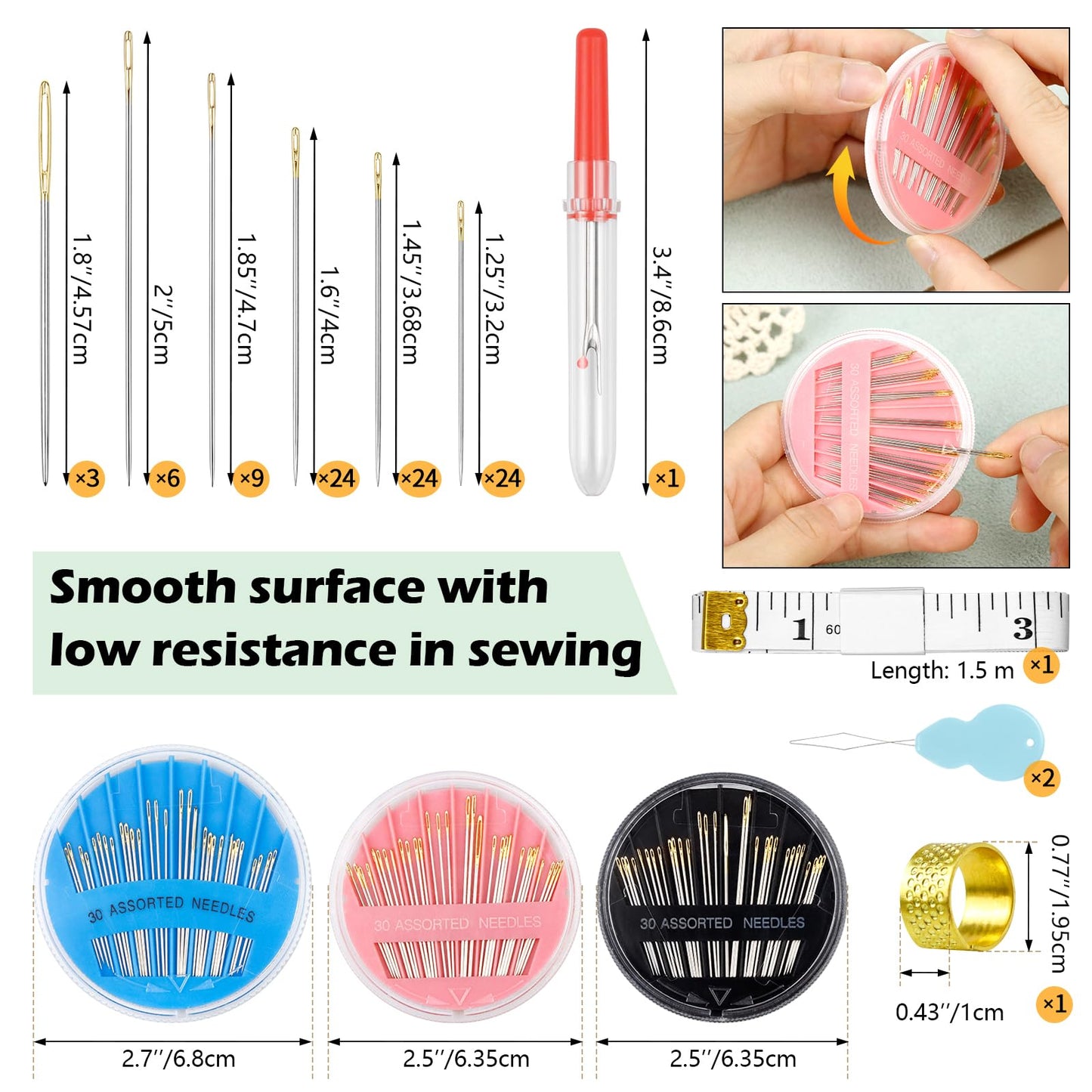 FIVEIZERO Premium Hand Sewing Needles Set,90-Count Assorted Embroidery Needles with threaders,Thread Removal Knife, Thimble,Soft Tape Measure for Hand Sewing Repair