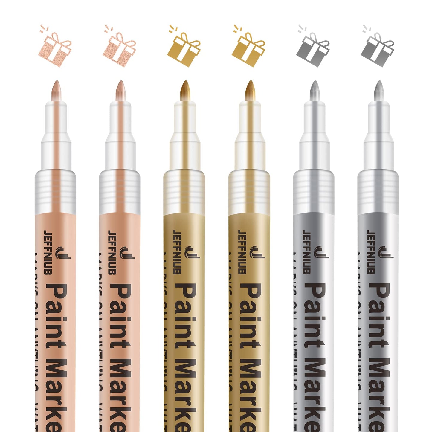 JEFFNIUB Gold Paint Pens with Silver, Rose Gold Acrylic Paint Pens for Rock Painting, Wood, Fabric, Glass, Canvas, Scrapbooking, Card DIY Metallic Acrylic Marker (0.7mm)