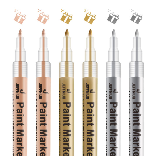 JEFFNIUB Gold Paint Pens with Silver, Rose Gold Acrylic Paint Pens for Rock Painting, Wood, Fabric, Glass, Canvas, Scrapbooking, Card DIY Metallic Acrylic Marker (0.7mm)