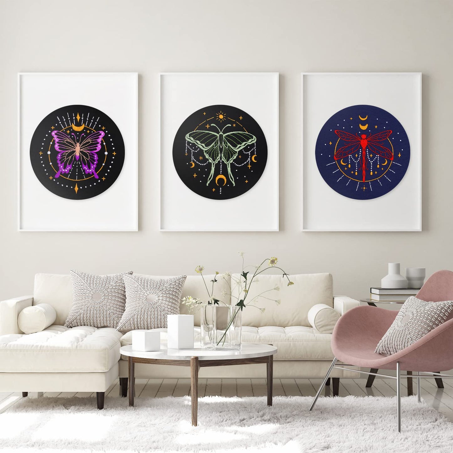 Louise Maelys 3 Set Tarot Embroidery Kits for Beginners with Moon Butterfly Dragonfly and Moth Pattern,Adults Starter Cross Stitch Kit DIY Needlepoint