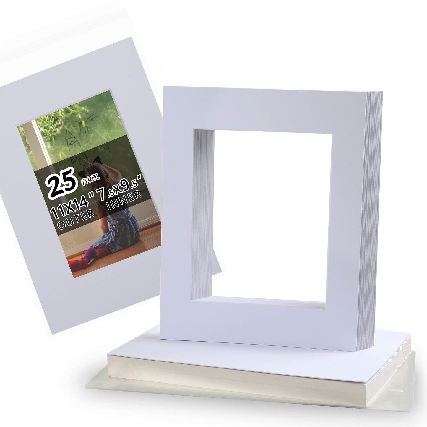 Acid Free 25 Pack 11x14 Pre-Cut Mat Board Show Kit for 8x10 Photos, Prints or Artworks, 25 Core Bevel Cut Matts and 25 Backing Boards and 25 Crystal Plastic Bags, White
