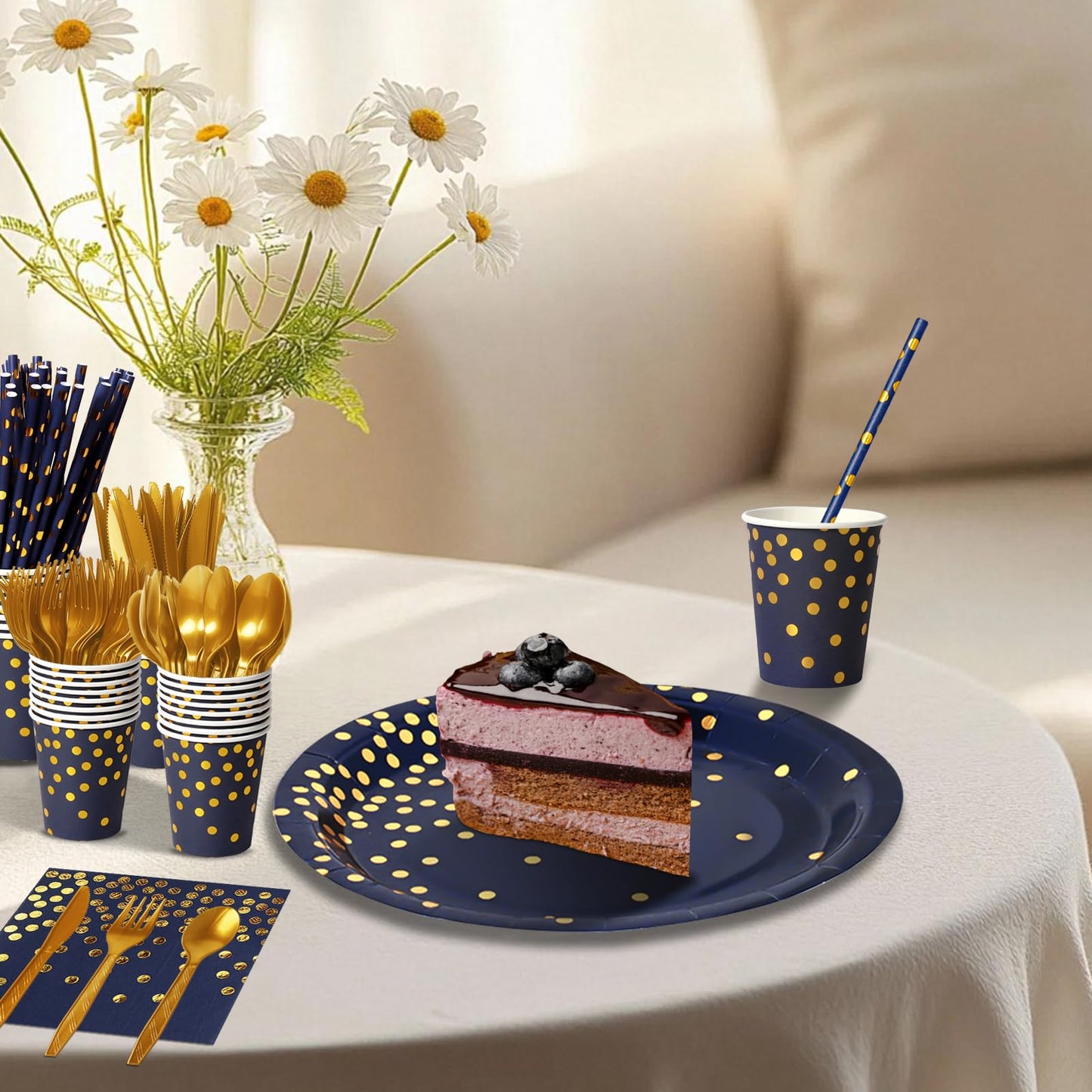 Nkaiso Paper Plates and Napkins Set, 193 Pieces Navy Blue Gold Party Supplies Includes Paper Plates Cups Napkins Straws and Cutlery for Birthday Wedding Holidays Parties Decorations-24 Guests