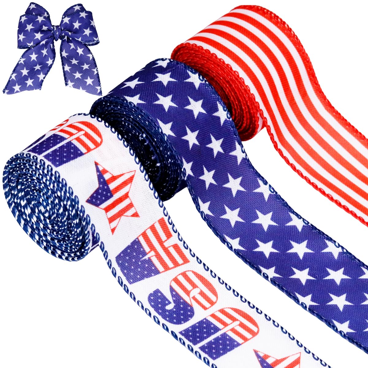 3 Rolls Patriotic Wired Edge Ribbon 9.9 Yard 4th of July Stars and Stripes Ribbons Red White Blue Ribbon for Wrapping Crafts Decoration, Independence Day,1.5 inch Width (Blue,Red,White)