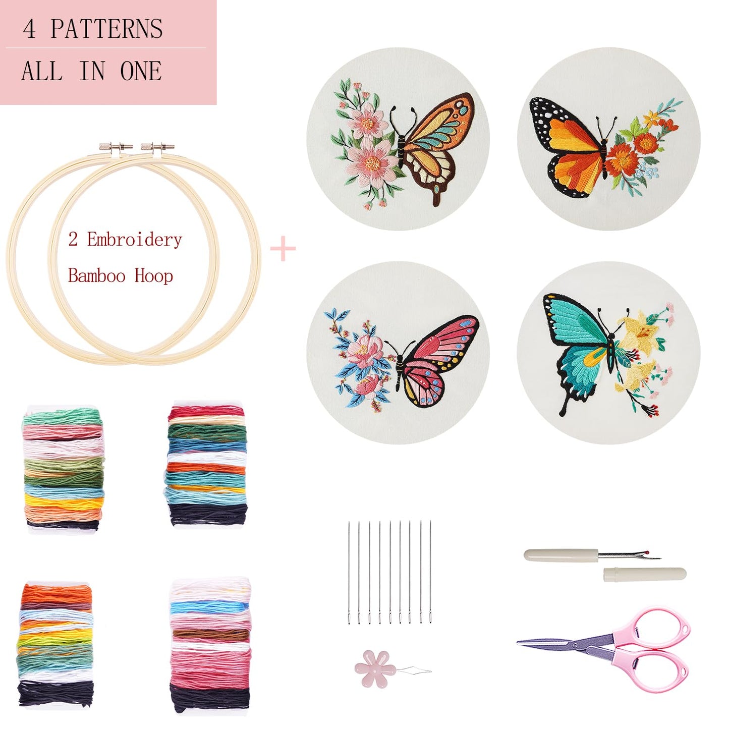 4 Sets Embroidery Set for Beginners, Art Craft, Easy Sewing, Includes Embroidery Clothing, Pattern, Embroidery Hoop, Instruction Manual, Colorful Thread Needles Set (Butterfly)