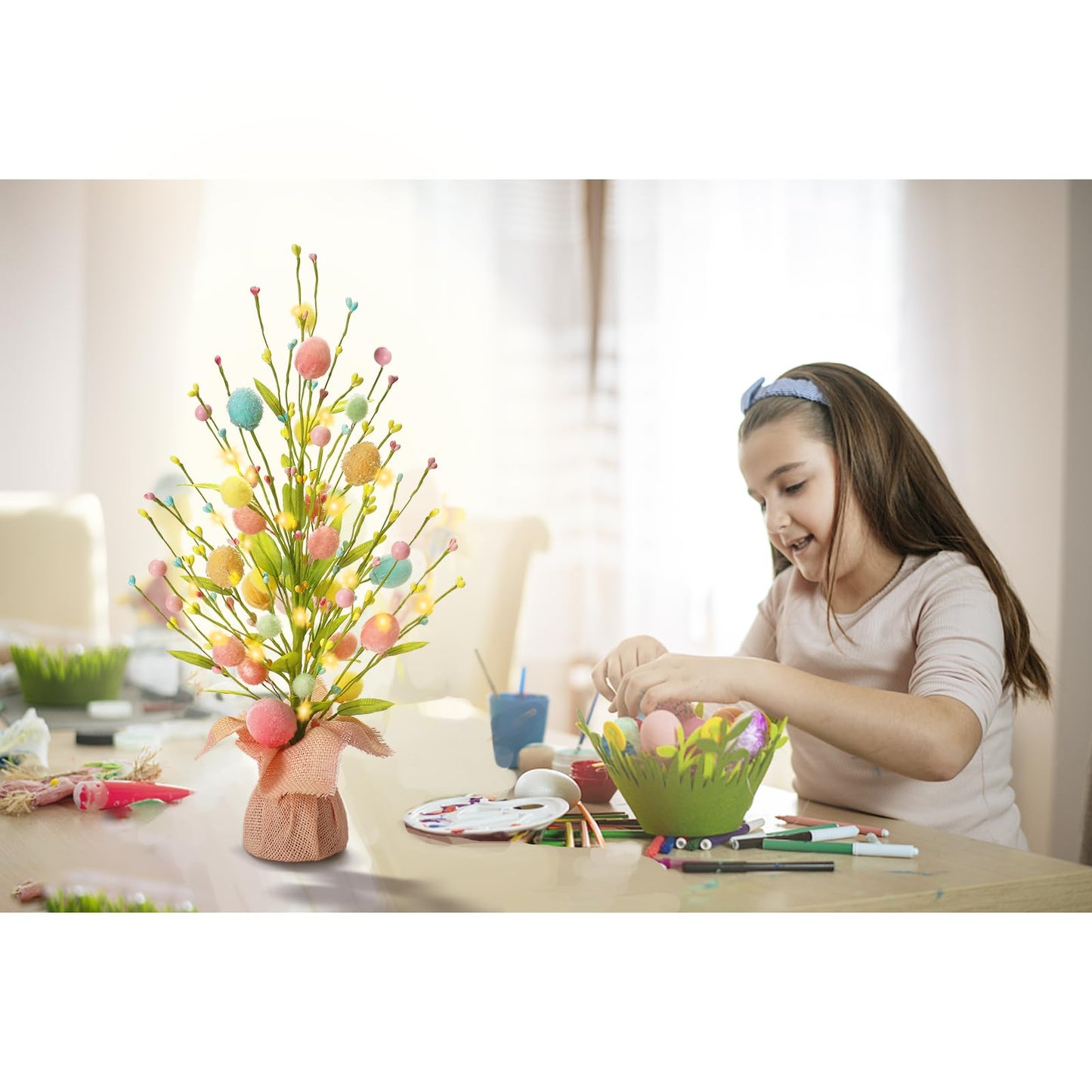 Easter Decorations, Artificial 18 Inch Pre-Lit Easter Egg Tree Tabletop Decor with Delicate Ornaments, for Home Party Wedding Holiday Spring Summer Decoration, Pink/Blue/Yellow.