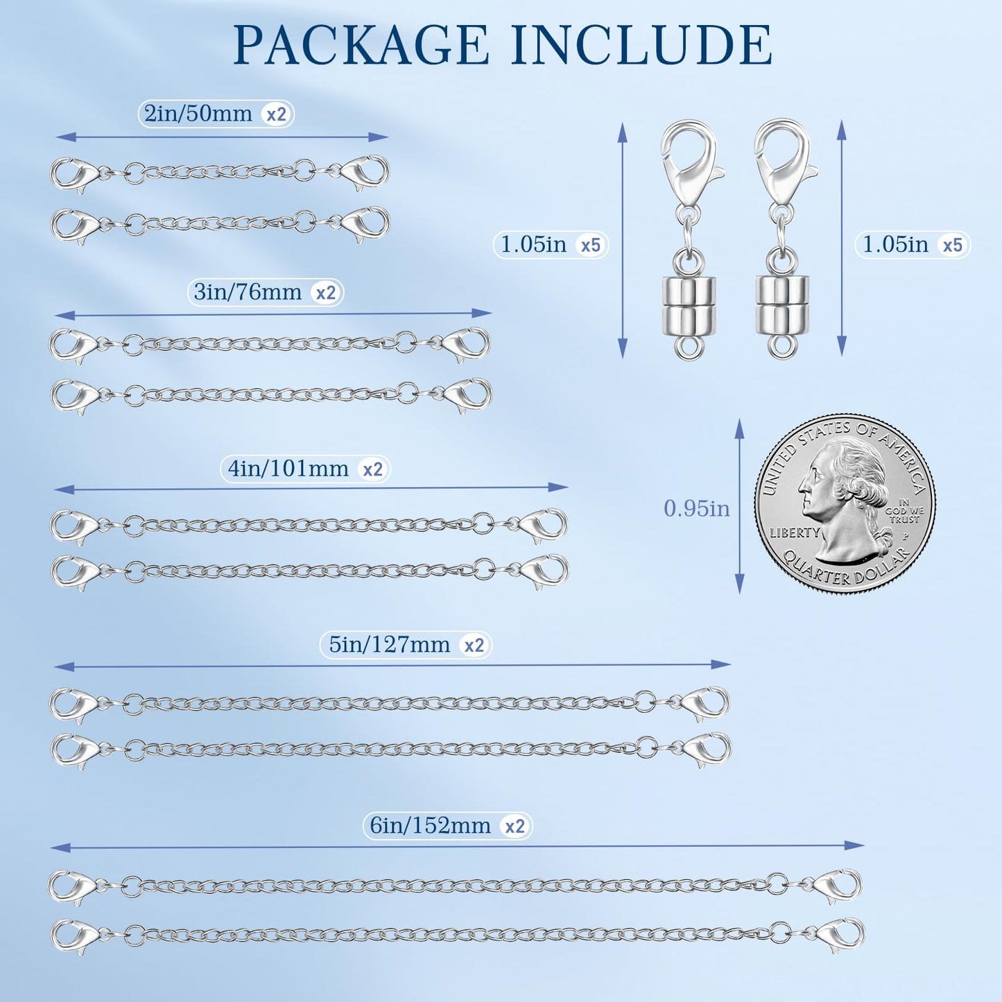 20 Pack Necklace Extenders, Magnetic Necklace Clasp with Lobster Clasp, 18K Plated Brass Jewelry Converters and Stainless Steel Extender, Suitable for Bracelet Necklaces Anklet Chains, Silver