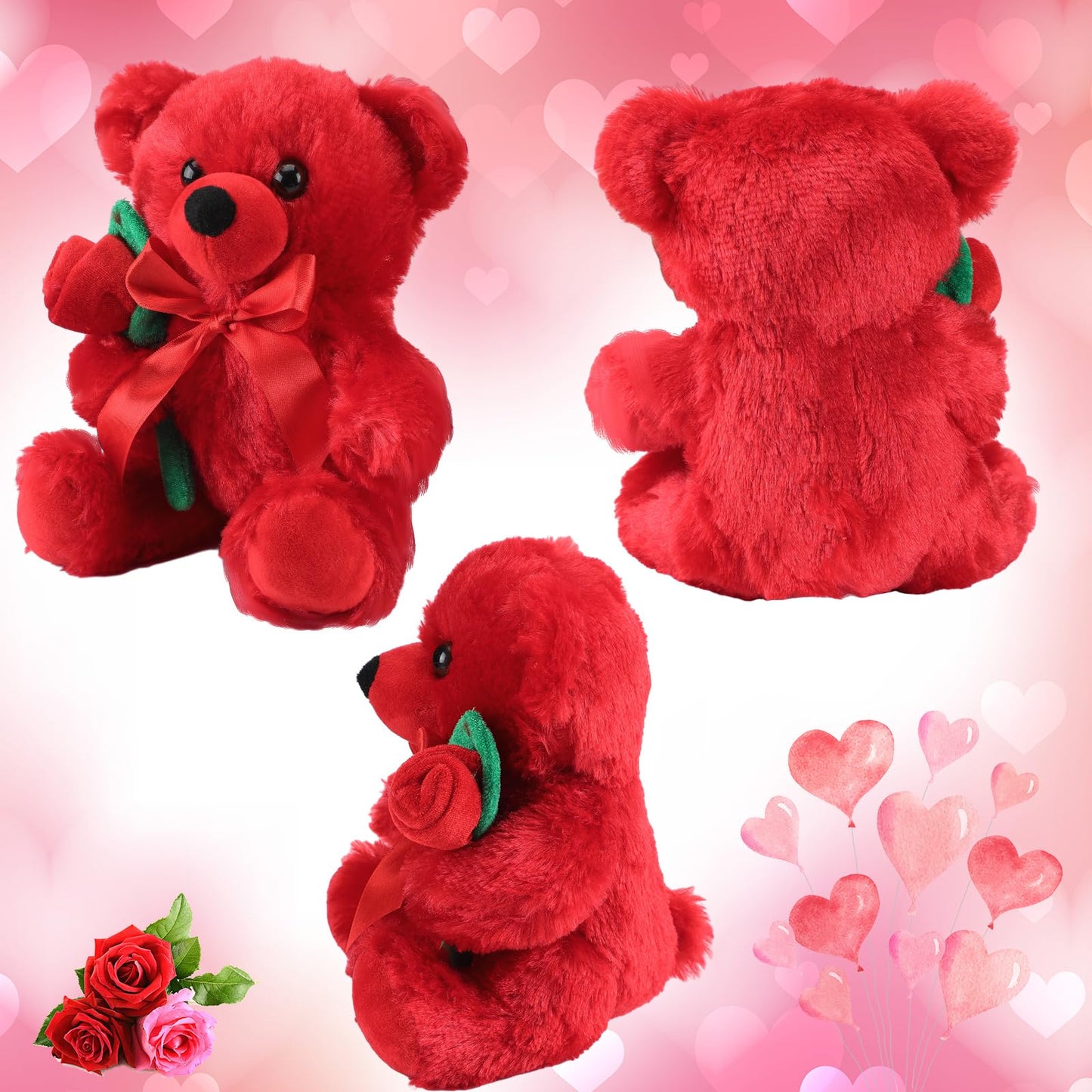 Valentine Bear Stuffed Animal Gift with Rose Funny Cute Bear Plush Stuffed Animal for Kids Toddler Mother Girlfriend Valentine Birthday Wedding, 11.8 Inches(Red)
