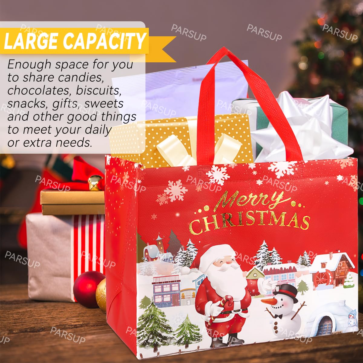 8PCS Christmas Gift Bags, Bronzing Christmas Tote Bags with Handles, Treat Bags, Multifunctional Non-Woven Bags for Gifts Wrapping Shopping, Xmas Basket Party Supplies, 12.8"×9.8"×6.7"