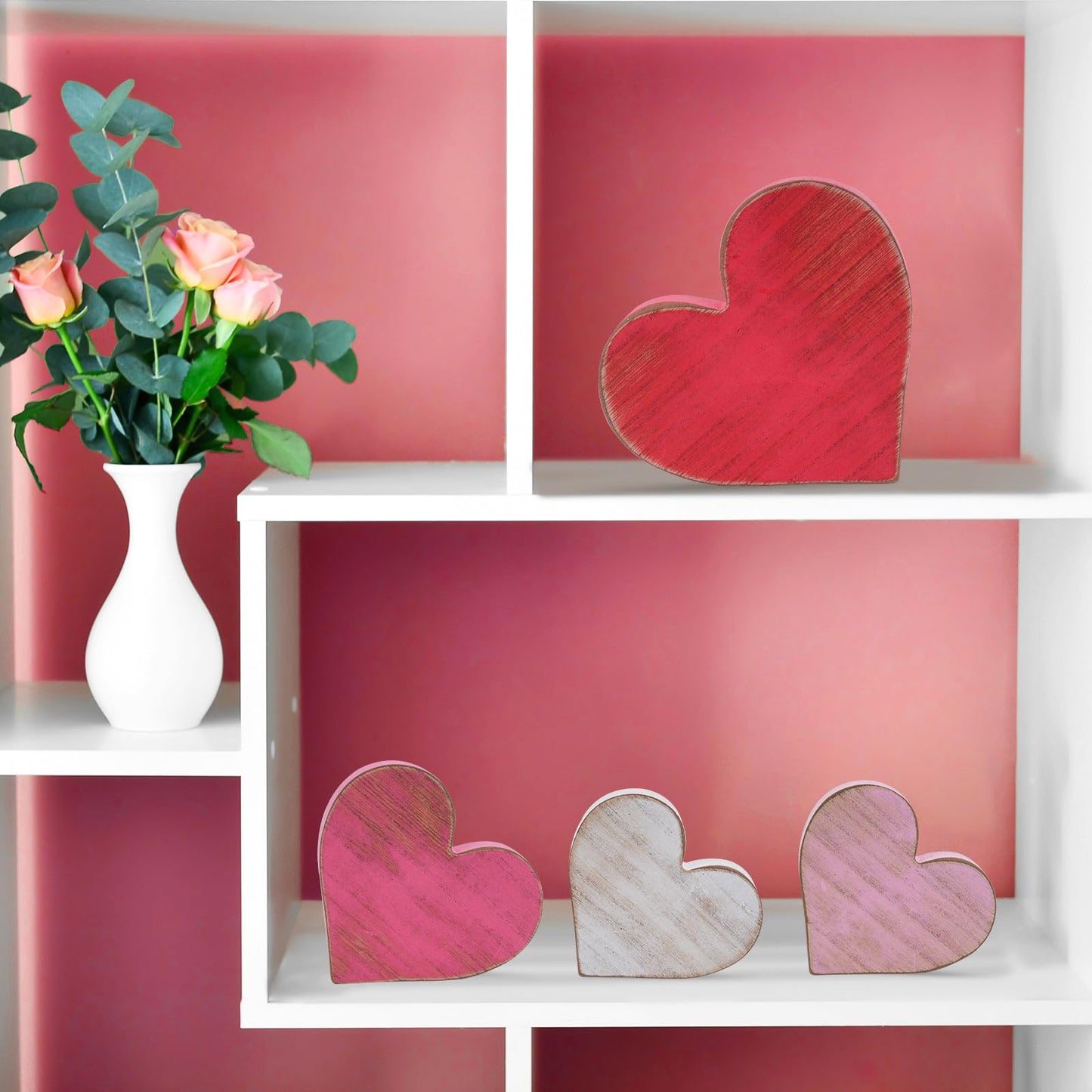 Wooden Hearts Valentines Decorations Indoor, Wood Heart Blocks Tiered Tray Decor Set of 4, Red Pink White Valentine Decoration for Home Party Office Shelf Door (Retro)