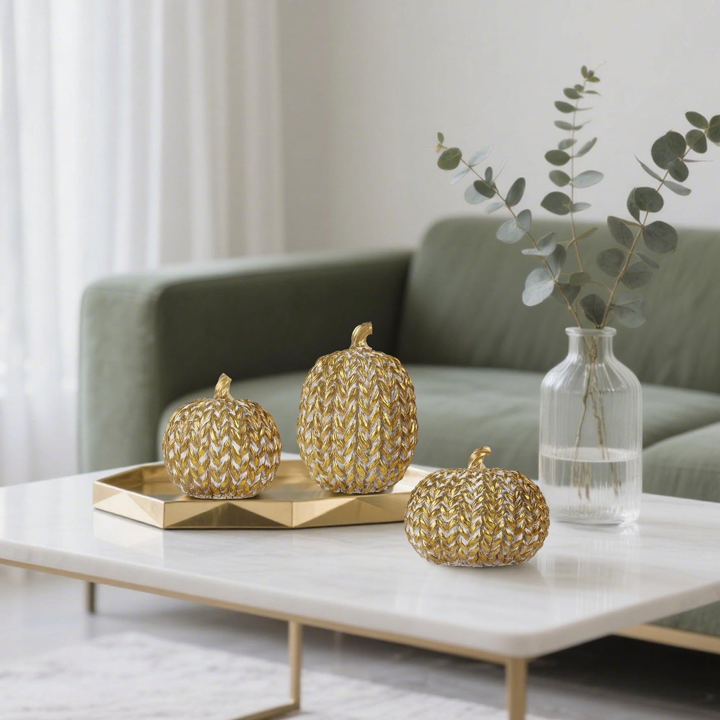 Fall Decorations for Home Set of 3, Gold & White Resin Pumpkin Decor with Woven Design - Thanksgiving Table Centerpiece, Mantel, Indoor & Outdoor Farmhouse Autumn Décor