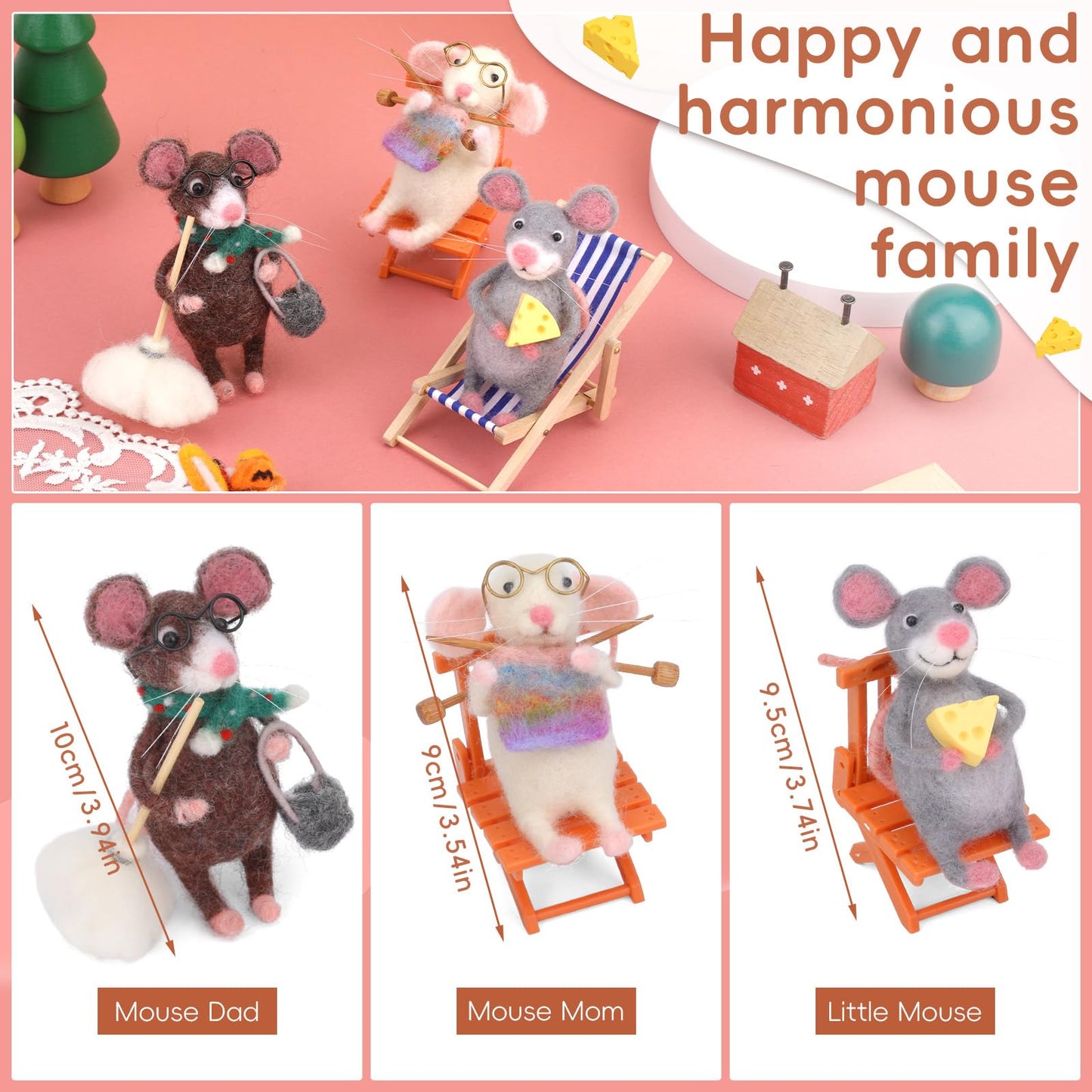Mouse Family Needle Felting Kit,Needle Felting Starter Kit, Mice Felting Kit for Beginner Adults with Felting Supplies and Instructions for DIY Felting