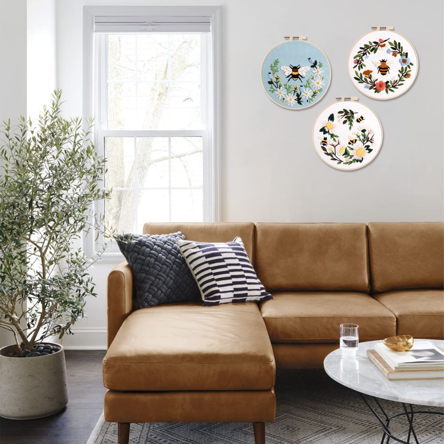 Embroidery Starter Kit for Beginners, 3 Sets Cross Stitch Kits for Adults, Include Embroidery Clothes with Cute Bees and Flowers Patterns, 1 Embroidery Hoop, Threads, Needles and Instruction