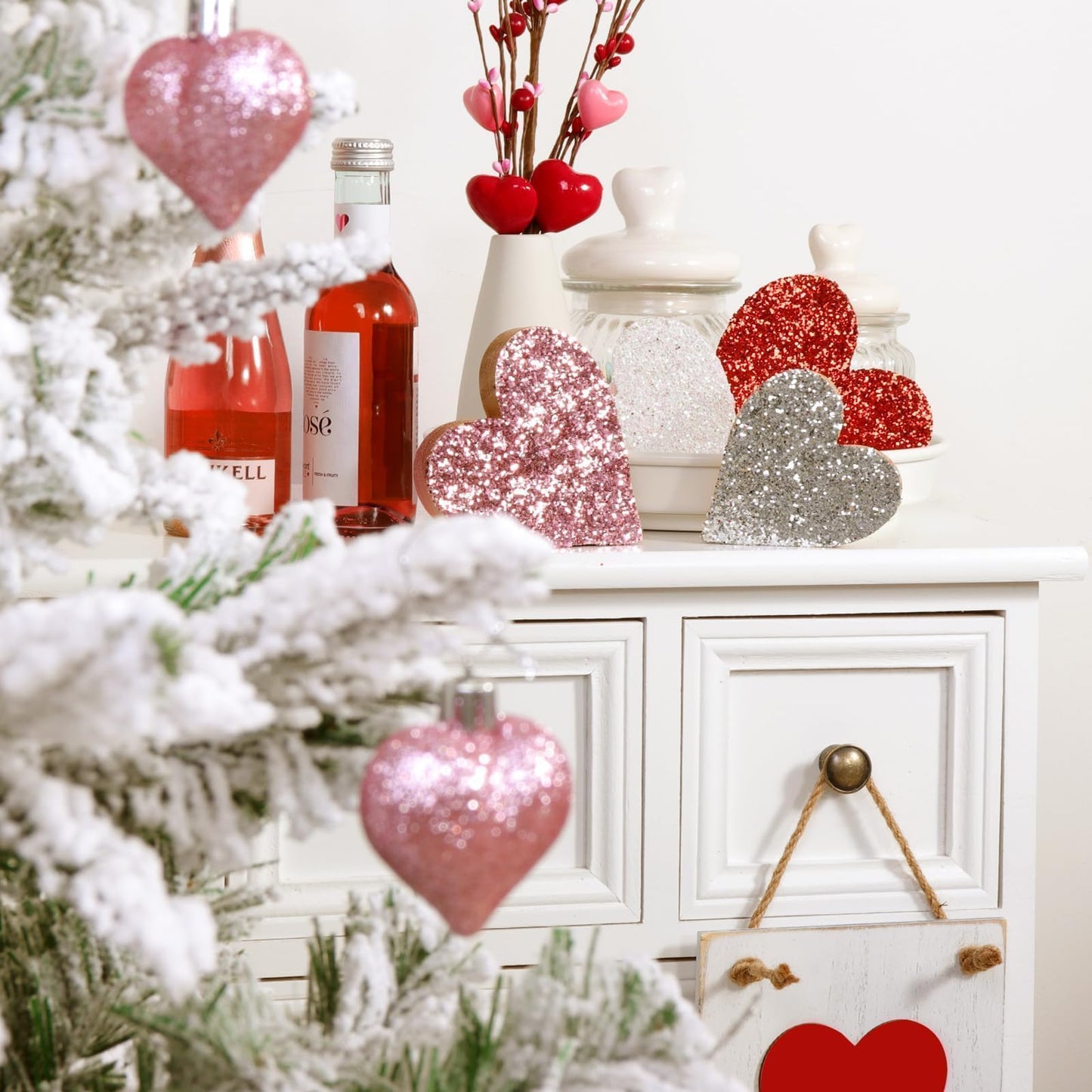 Valentines Day Decor Decorations: 4pcs Glitter Wood Heart Table Signs Tiered Tray Decor, Sparkle Galentines Decoration for Home Office Mantel Centerpieces Gifts