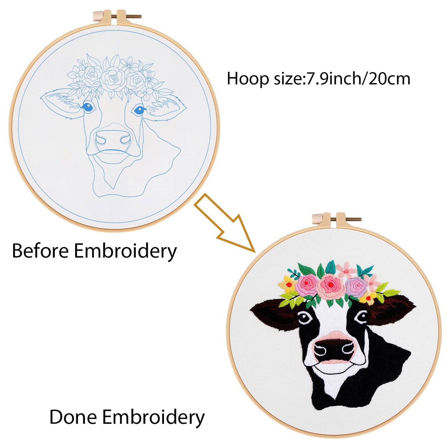 Louise Maelys Cow Beginners Embroidery Kits,Cross Stitch Starter kit for Adults with Embroidery Cloth Hoop Needles Instruction and Threads
