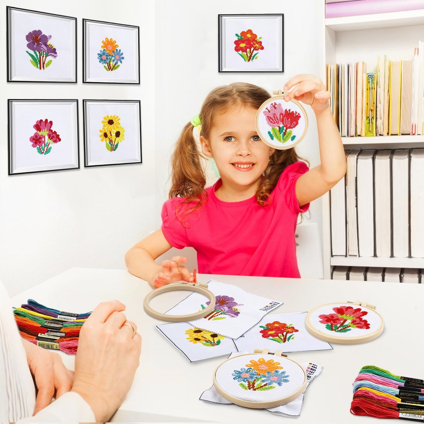 ZOIIWA 6PCS Flower Cross Stitch Kits for Beginners DIY Embroidery Kit for Kids Adults Christmas Birthday Gift Needlepoint Patterns with 2 Embroidery Hoops Craft Supplies