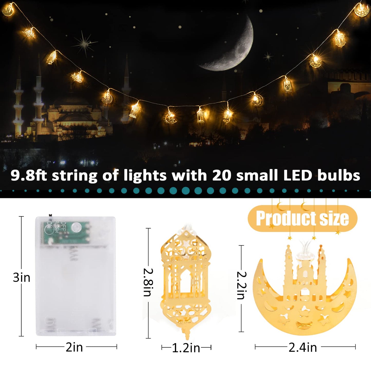 Ramadan Eid String Light - 9.8 ft 20 LEDs Mubarak String Light, Muslim String Decor with Moon Star Kerosene Lantern Palace Ornaments for Islamic Indoor Outdoor Home Garden Party Supplies - White Bulb