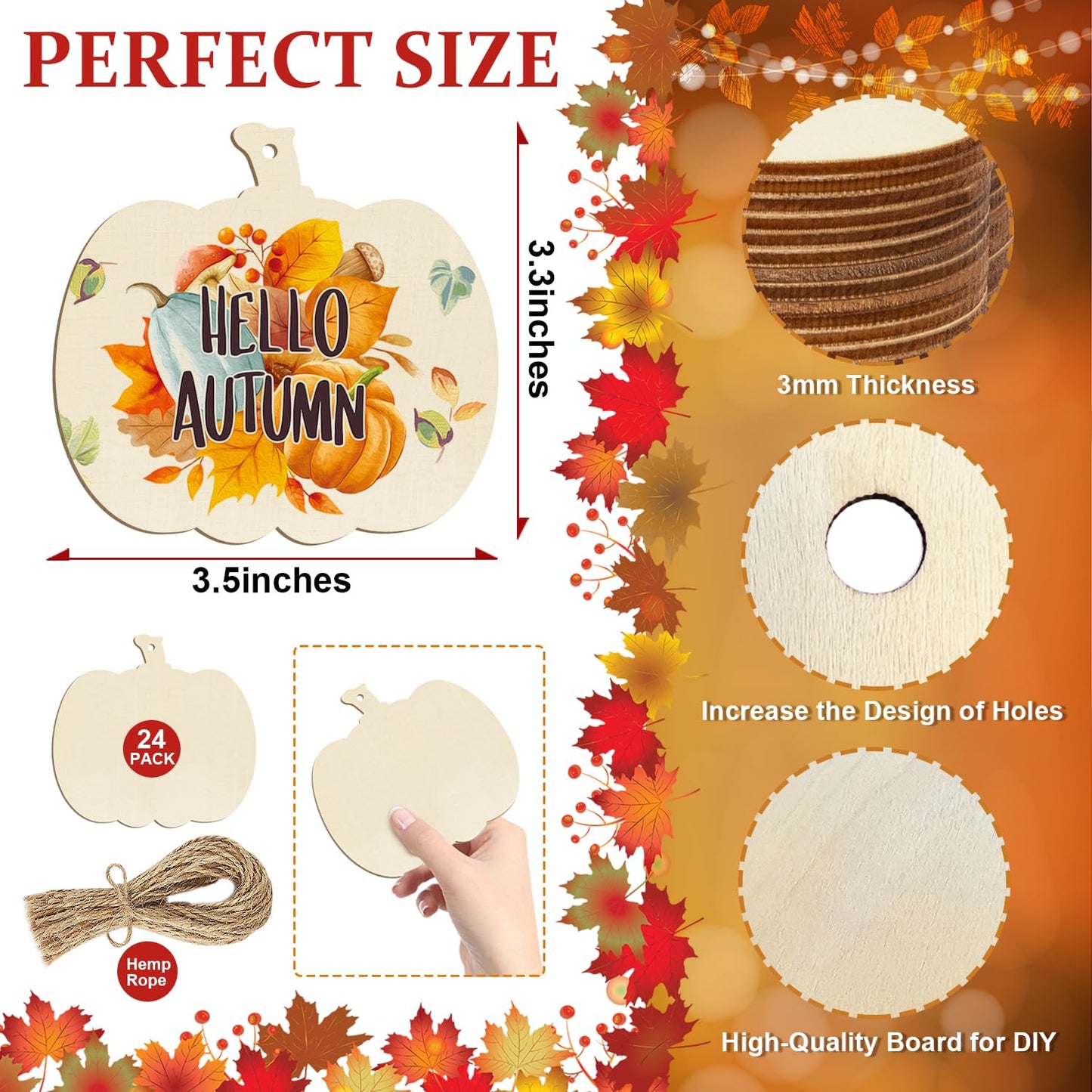 Wooden Pumpkins Ornaments to Paint Halloween Thanksgiving Decoration Cutouts Unfinished 24PCS 3.5 inches, DIY Blank Unfinished Pumpkin Wood Discs Ornament for Home Harvest Crafts Hanging Autumn