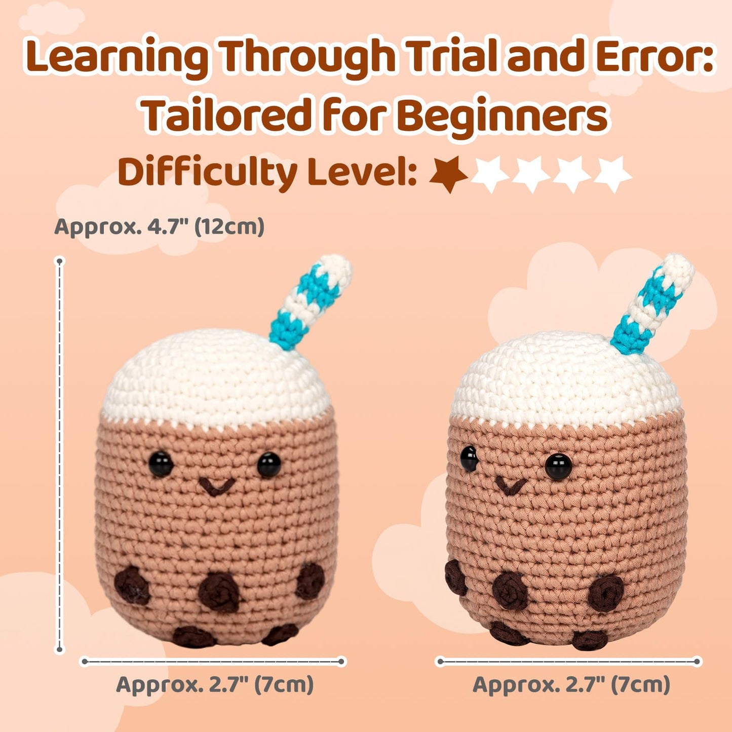 Crochet Kit for Beginners Level 1 with 40% Extra Pre-Started Easy Yarn, Step-by-Step Video Tutorials for Adults and Kids (Boba)