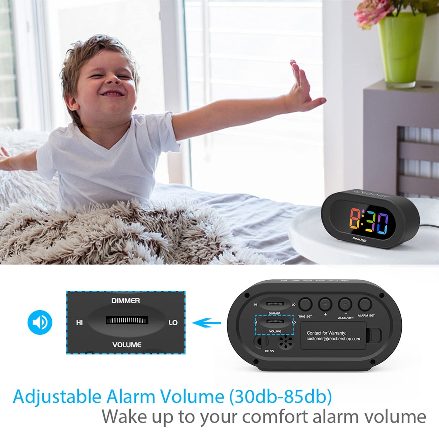 REACHER Small Digital Rainbow LED Alarm Clock with Snooze, Easy to Use, Full Range Brightness Dimmer, Adjustable Alarm Volume, Outlet Powered, Compact Clock for Bedroom, Bedside, Desk, Shelf…