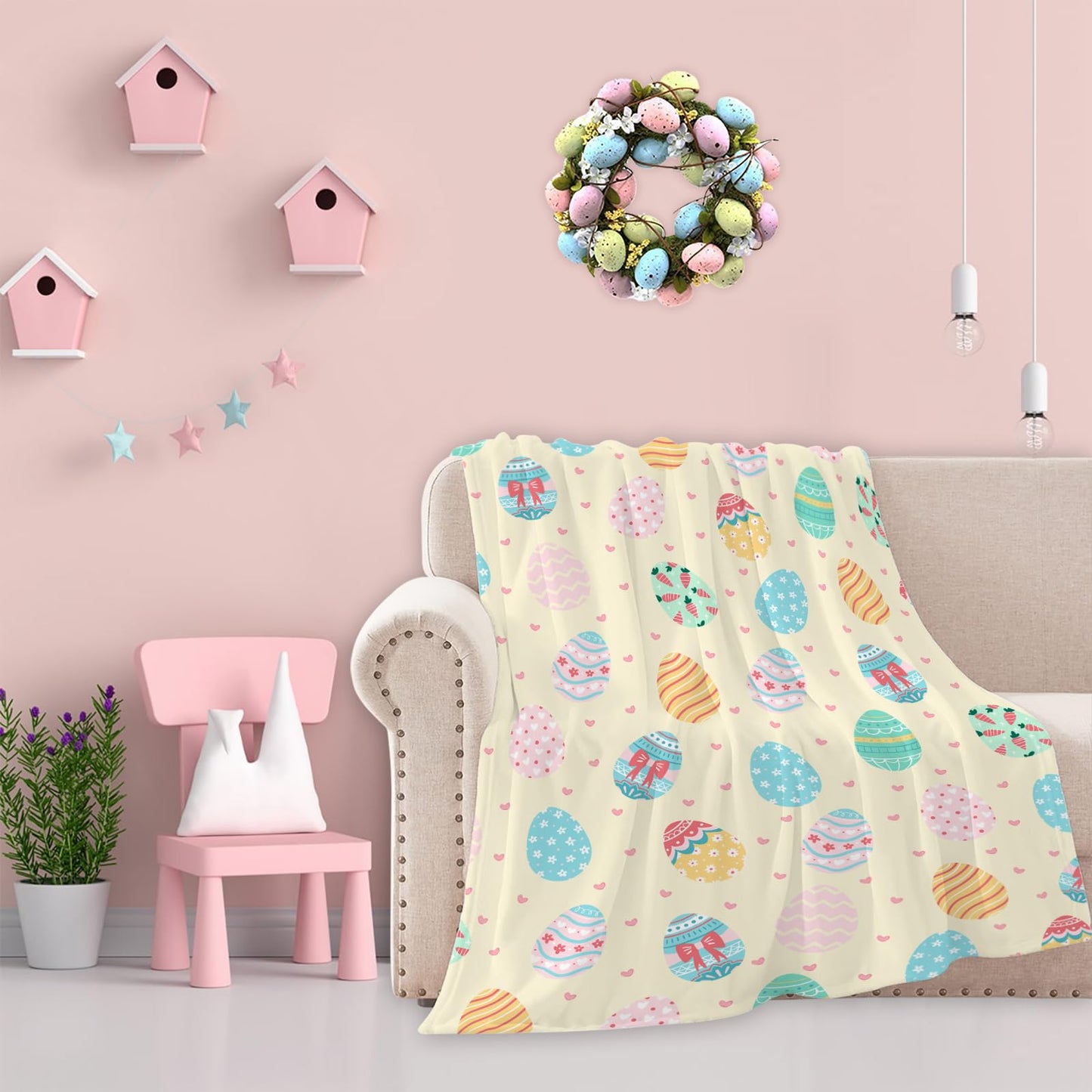 Happy Easter Day Eggs Throw Blanket, Cute Soft Ligtweight Fleece Blanket, Yellow Durable Cozy Anti-Pilling Flannel Blanket for Baby Kids Girls Gift Home Decor 40x50 inches