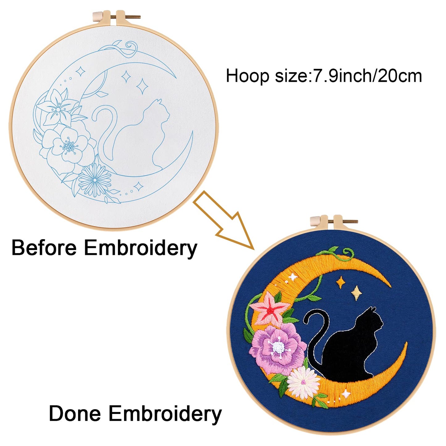 Louise Maelys Cat Moon Embroidery Kits for Beginners with Floral Pattern,Adults Starter Cross Stitch Kit DIY Needlepoint