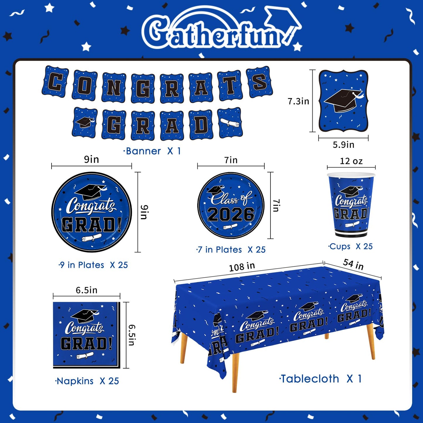 Graduation decorations class of 2026 Gatherfun Congrats Grad Party Dinnerware Set Blue Disposable Paper Plates Napkins Cups Tablecloth Banner for Gatherfun Decorations 2026 deals , Serve 25