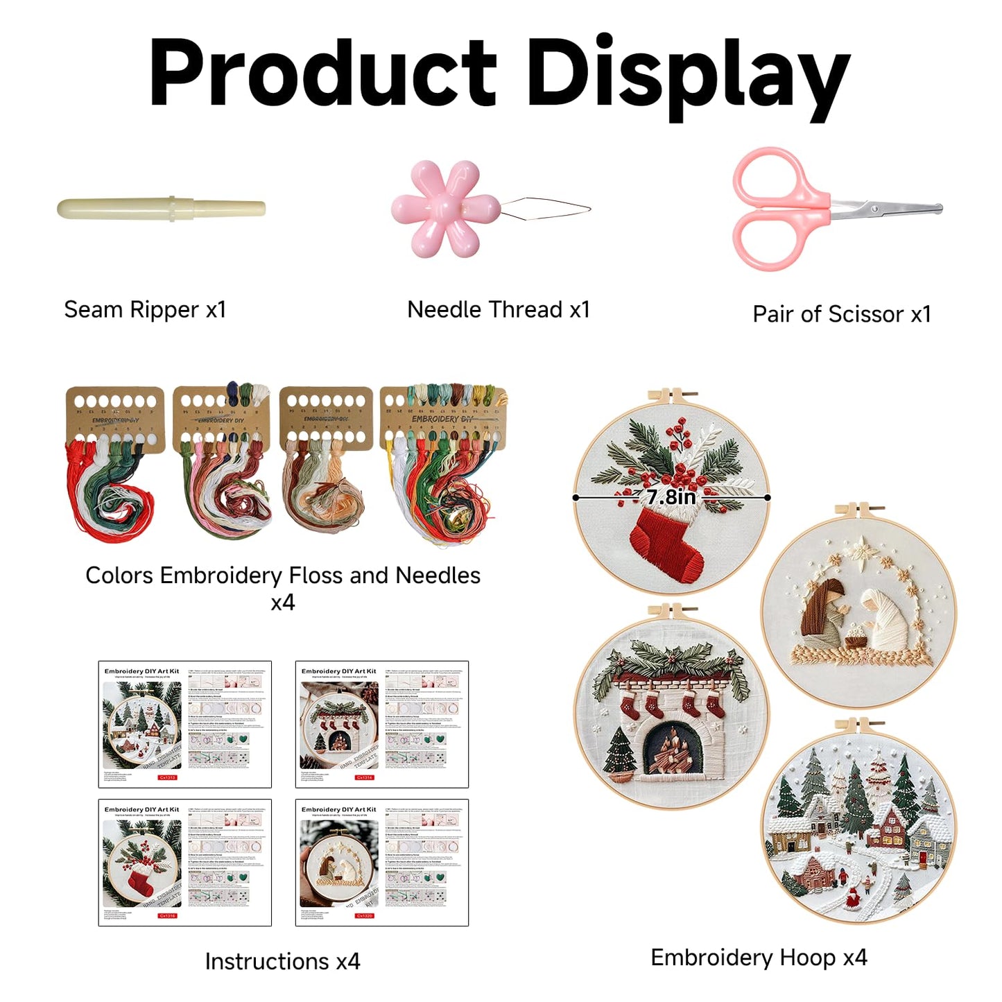 Christmas Embroidery Kit, 4 Pack Cross Stitch Kits,DIY Embroidery Starter Kit for Adults & Beginners, DIY Needlepoint Kit with Embroidery Hoop Thread Needle for Craft Lover Birthday Gifts 2