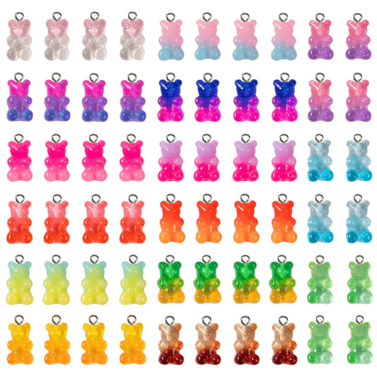 60pcs Gradient 3D Gummy DIY Bear Charms- Resin Bear Shaped Clay Pendants in 15 Colors Earring Bracelet Nacklace DIY Jewelry Making Pendants Nail Art Accessory for Adults DIY Handmade Crafting Gifts