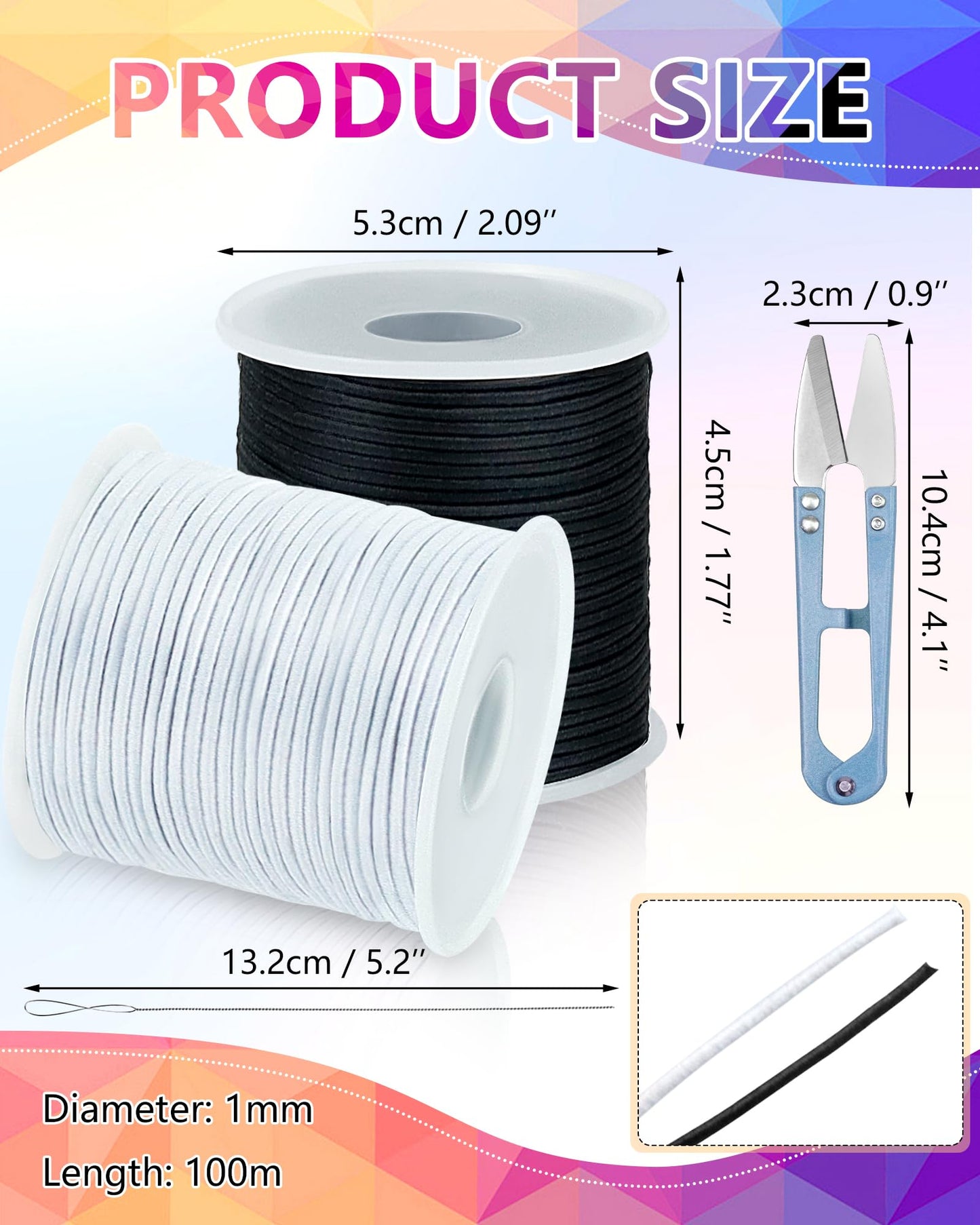 2 Rolls Elastic Bracelet String Total 330 Feet,1.0mm,1.2mm,1.5mm Elastic Cord for Beading Stretchy String with Beading Needle for Bracelets, Sewing, Necklace, Jewelry Making and Crafts
