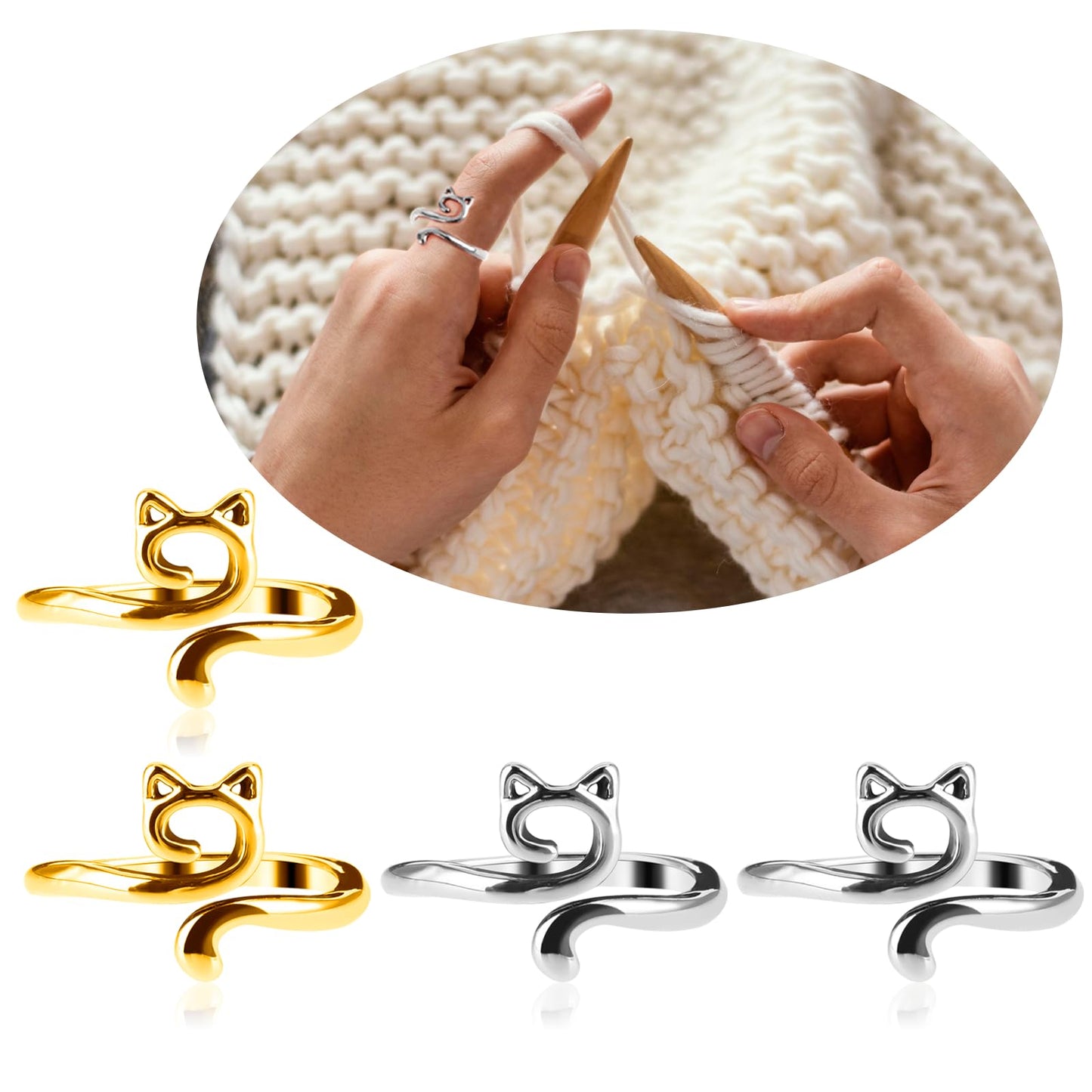 4pcs Knitting Crochet Loop Ring for Fingers Metal Open Yarn Guide Crochet Rings Adjustable Braided Faster Knitting Thimbles Holders Accessories for Crochet Mother Grandma Gifts (Gold Silver)