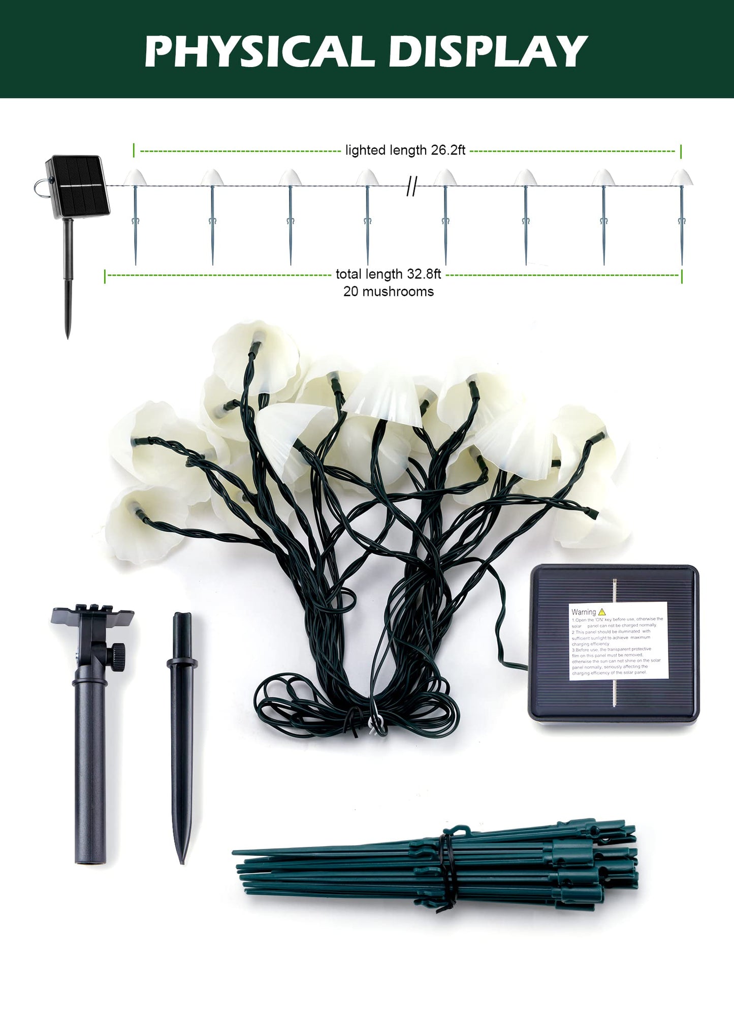 Solar Mushroom Garden Lights for Outside, 20 LED 32.8FT Solar Pathway Lights Outdoor Waterproof for Fence with 8 Lighting Modes for Patio Yard Decorative