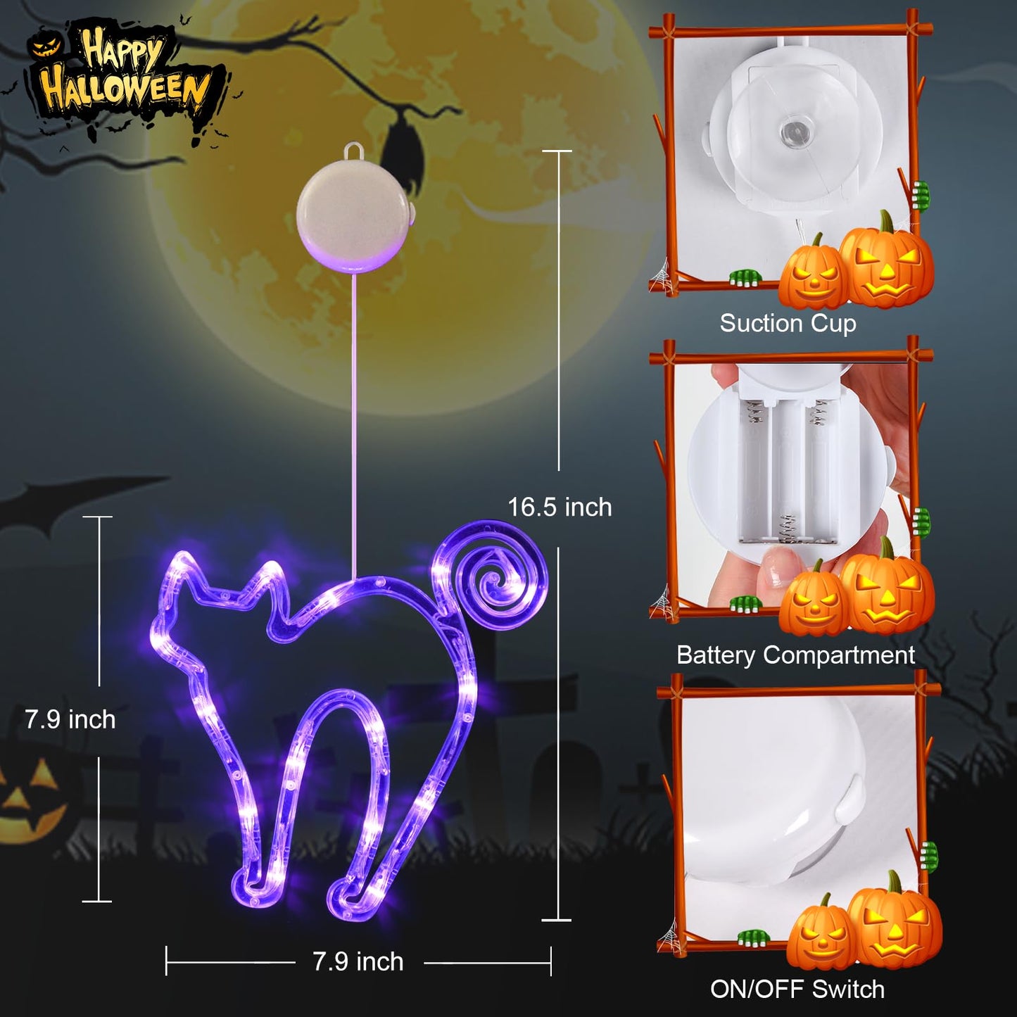LOLStar Halloween Lights, 3 Packs Spellbook, Cat and Cauldron Halloween Lights with Suction Cup, Upgrade Timer and Slowly Fade Mode Battery Operated Indoor Lights for Halloween Window Decoration