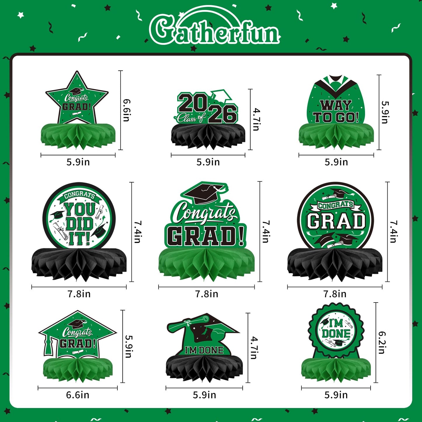 Gatherfun 9PCS Graduation Party Decorations Class of 2026 Congrats Grad Table Centerpiece Congratulate Graduation Honeycomb Table Toppers for Graduation Party Supplies(Green,Black