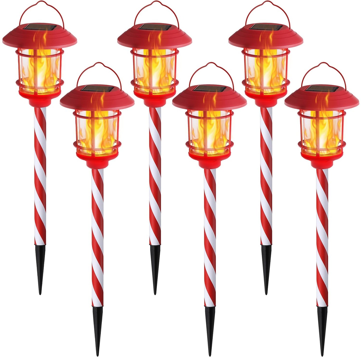 Dynaming 6 Pack Christmas Solar Flame Garden Lights Outdoor, Dual Use Flickering Flame Torch Candy Cane Pathway Marker, Xmas Hanging Lantern Lights, Waterproof & Auto On/Off for Patio Walkway Driveway