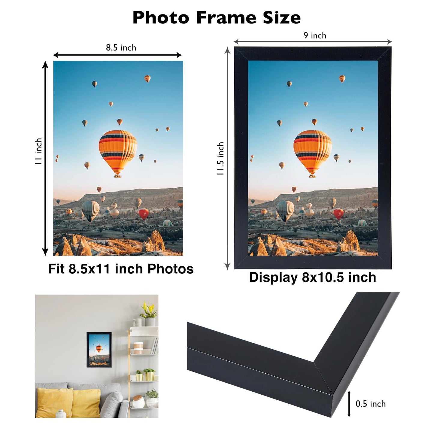 8.5x11 inch Picture Frame Black for Certificate Poster and Photo, Horizontal and Vertical Formats for Wall Hanging or Tabletop, 8.5x11 Frame with Shatter Resistant Plexiglass, Black