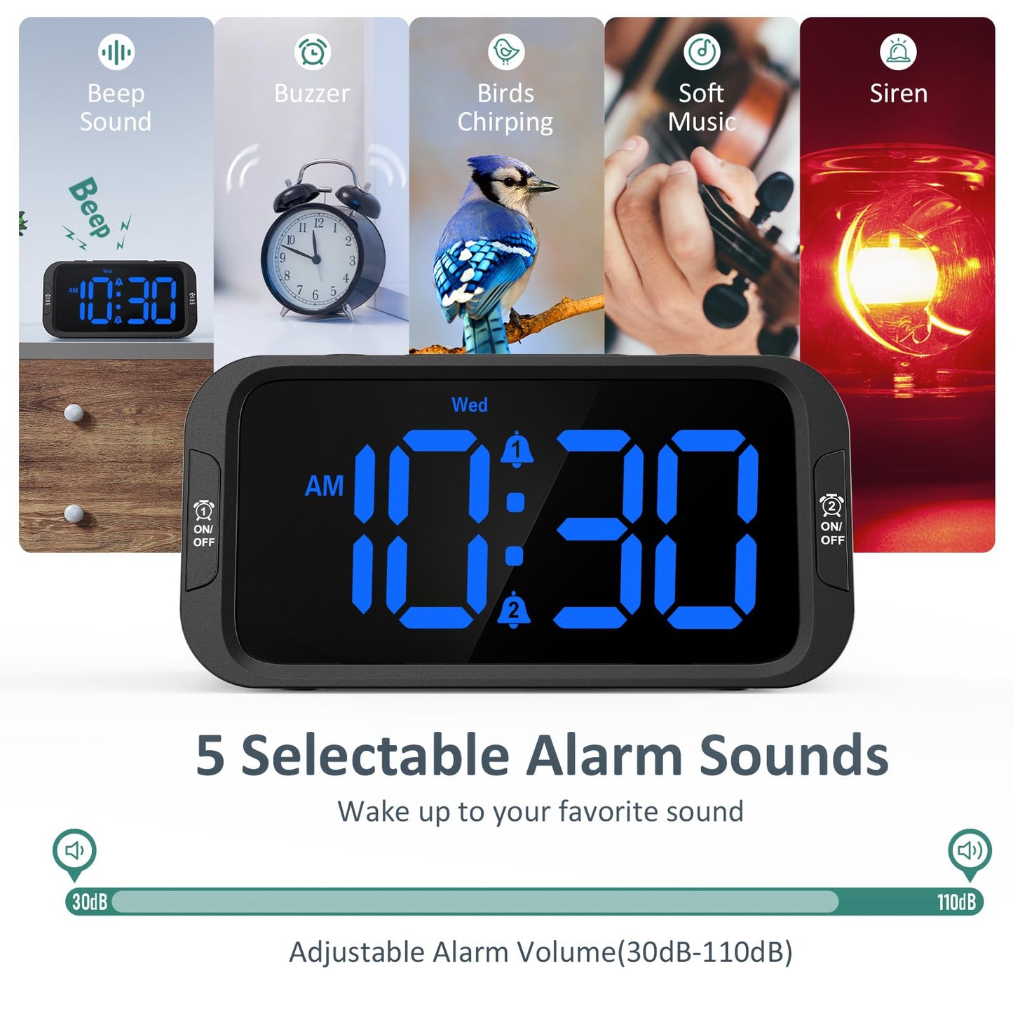 Digital Dual Alarm Clock for Bedroom, Easy to Set, 0-100% Dimmer, USB Charger, 5 Sounds Adjustable Volume, Weekday/Weekend Mode, Snooze, 12/24Hr, Battery Backup, Compact for Bedside(Blue)