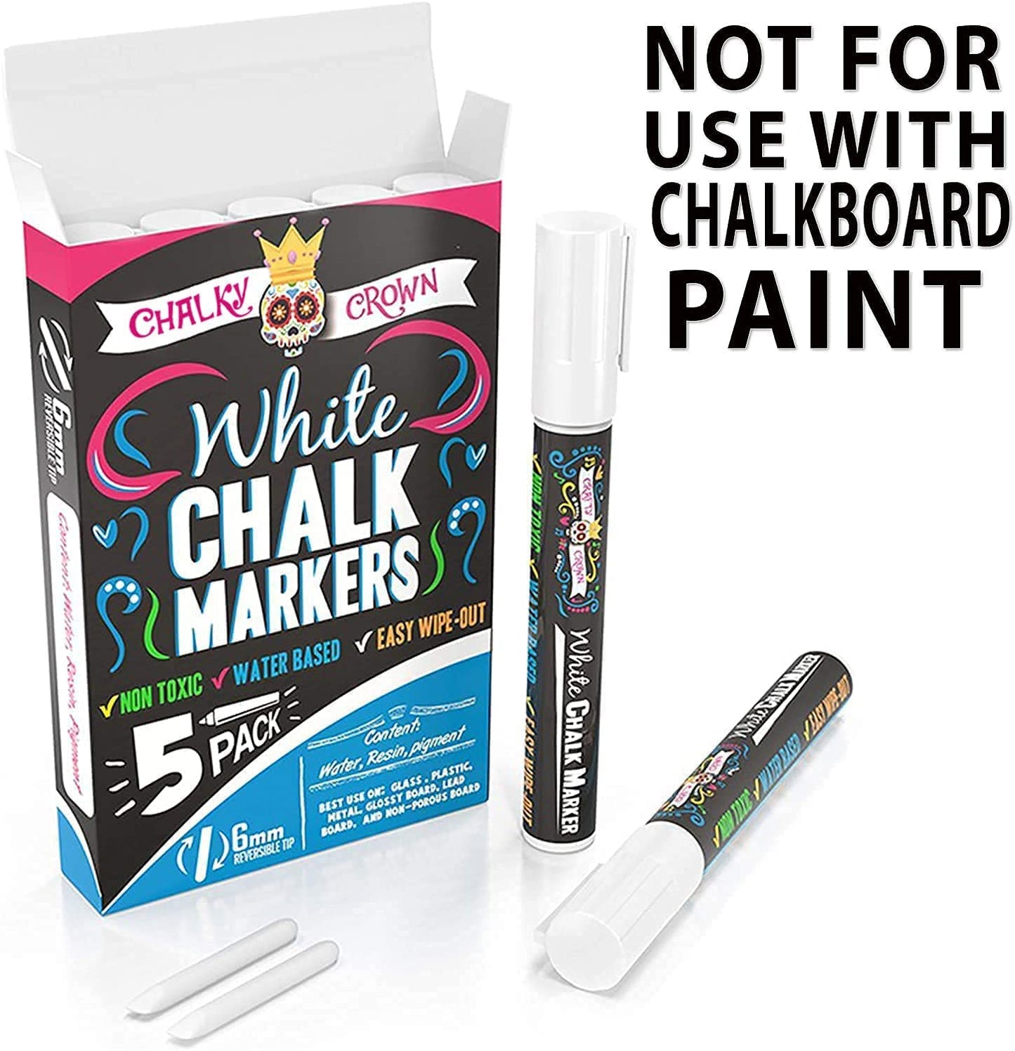CHALKY CROWN Liquid Chalk Marker Pen - White Drawing Chalk - Chalkboard Markers for Chalkboard Signs, Windows, Blackboard, Glass - 6mm Reversible Tip (5 Pack) - 24 Chalkboard Labels Included