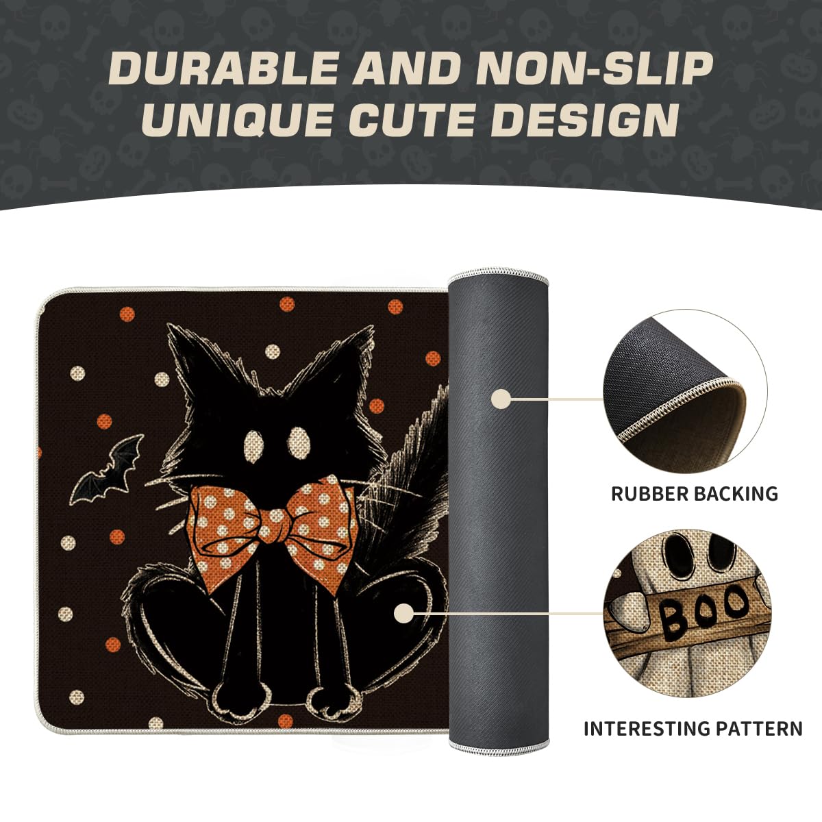 Artoid Mode Black Cat Jack-O'-Lantern Ghost Pumpkins Halloween Doormat, Seasonal Low-Profile Floor Switch Mat for Indoor Outdoor 17x47 Inch