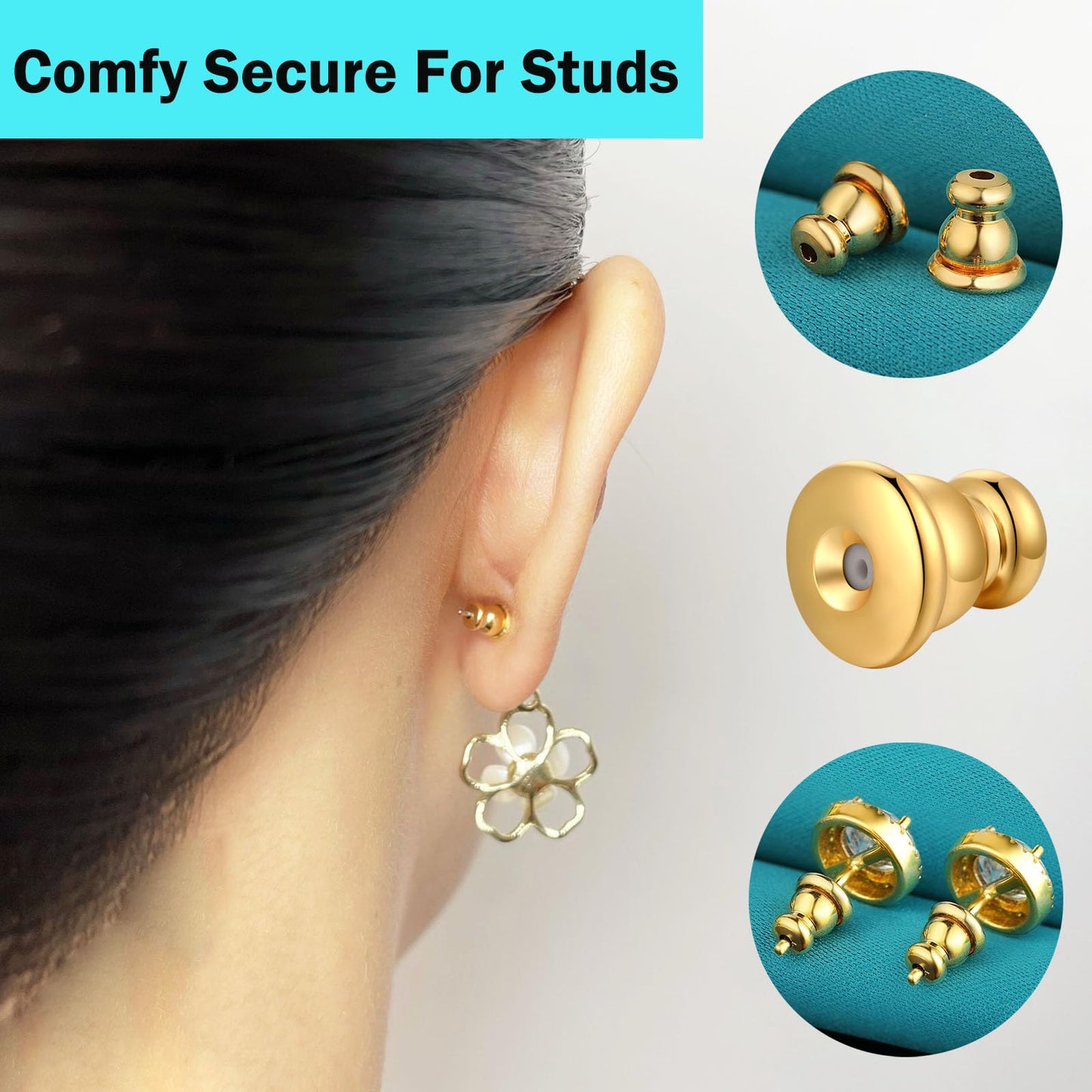 Catinee Earring Backs Replacements, 14k Plated Gold Earring Backs for Studs, Hypoallergenic (6pcs/3pair)