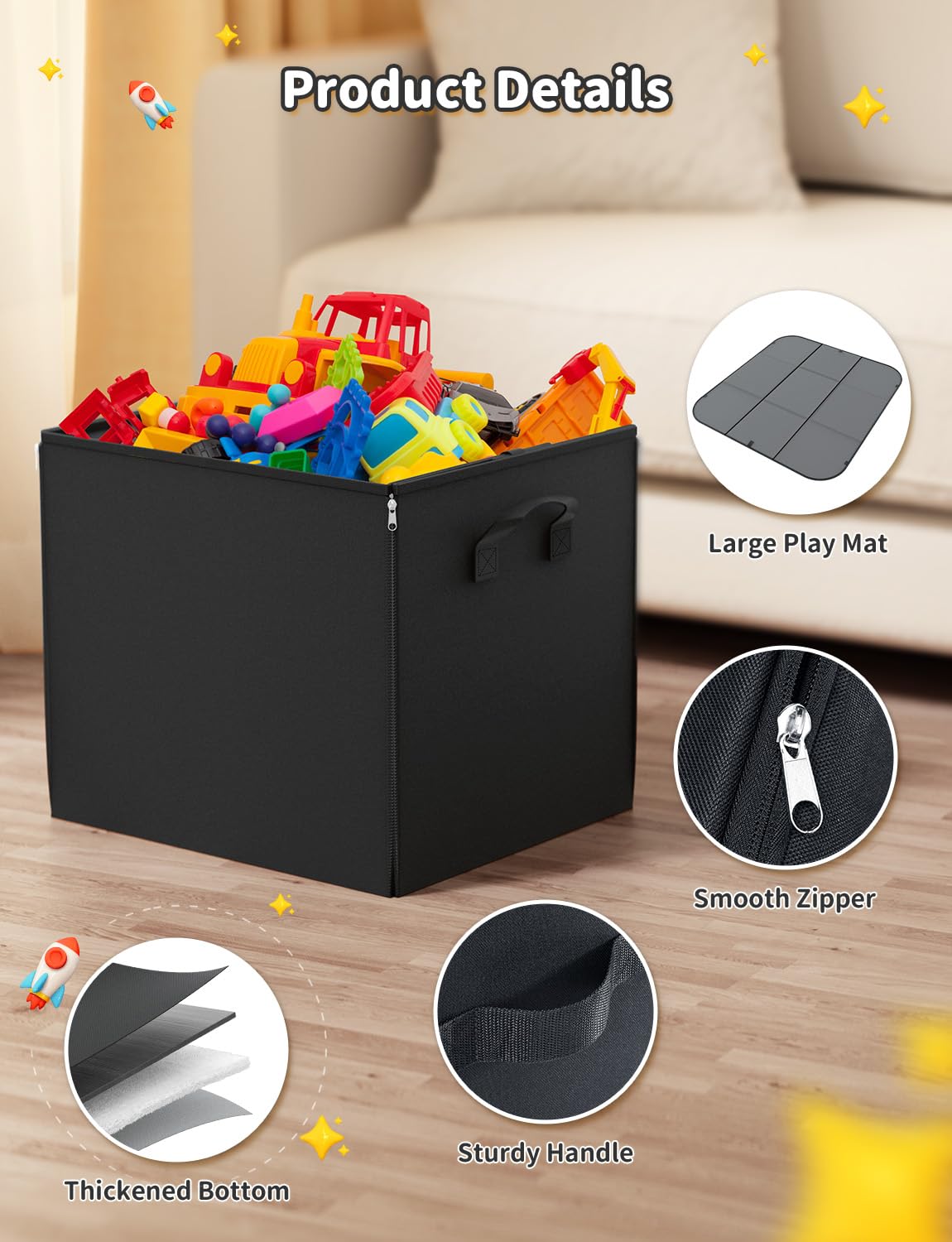 Toy Storage Organizer & Play Mat 43.3", Large 15×13×13" Collapsible Storage Cube Bin with Handles for Building Bricks, Boys, Girls, Playroom, Nursery (M, Black)