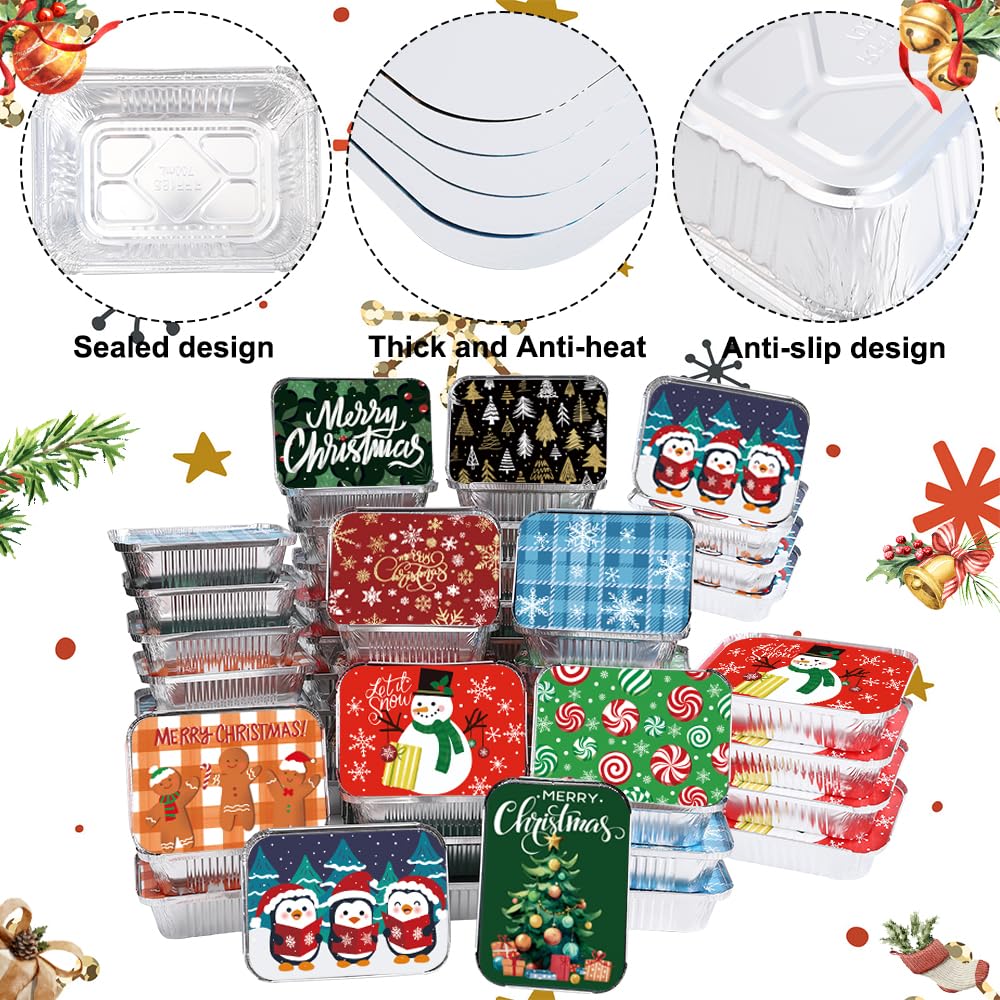 36PCS Christmas Foil storage Containers 9 Styles Merry Christmas Disposable Leftover Food Containers with Lids Aluminum Cookie Tin Pans for Winter Holiday Gift Giving Party Supplies(Style B)