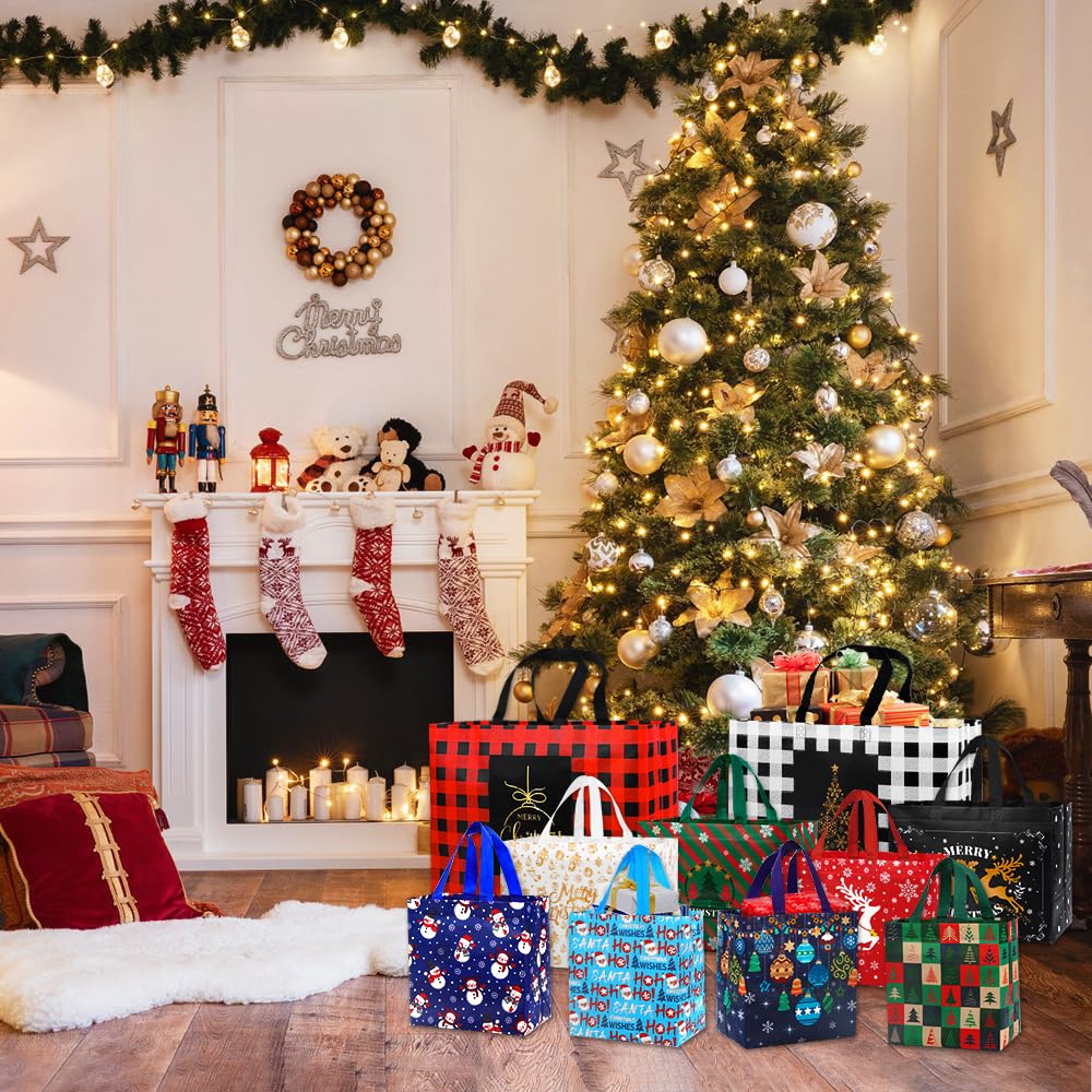 20pcs Christmas Gift Tote Bags, Xmas Treat Non-Woven Bag Reusable Large Medium Small Xmas Shopping Wrapping Bags for Christmas Holiday Party Favors Supplies