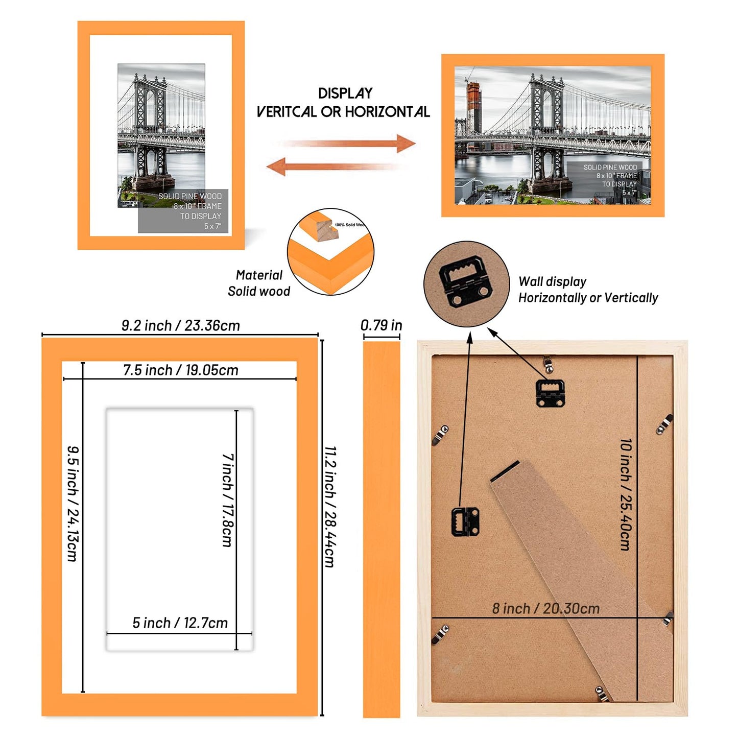 8x10 Picture Frames Solid Wood Display Pictures 5x7 with Mat or 8x10 Frame without Mat Poster Photo Frame Art with 1 Mats for Wall Mounting or Table Top(Orange)