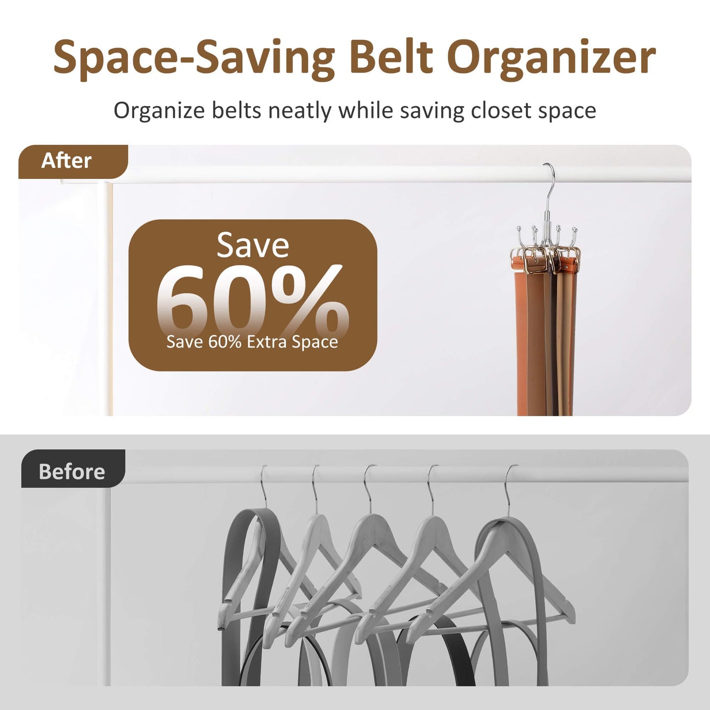 ZEDODIER Belt Organizer for Closet, Heavy-Duty Rotating Belt Hanger Rack Holds up to 24 Belts, Hanging Space Saving Metal Belt Holder for Closet Storage, Silver